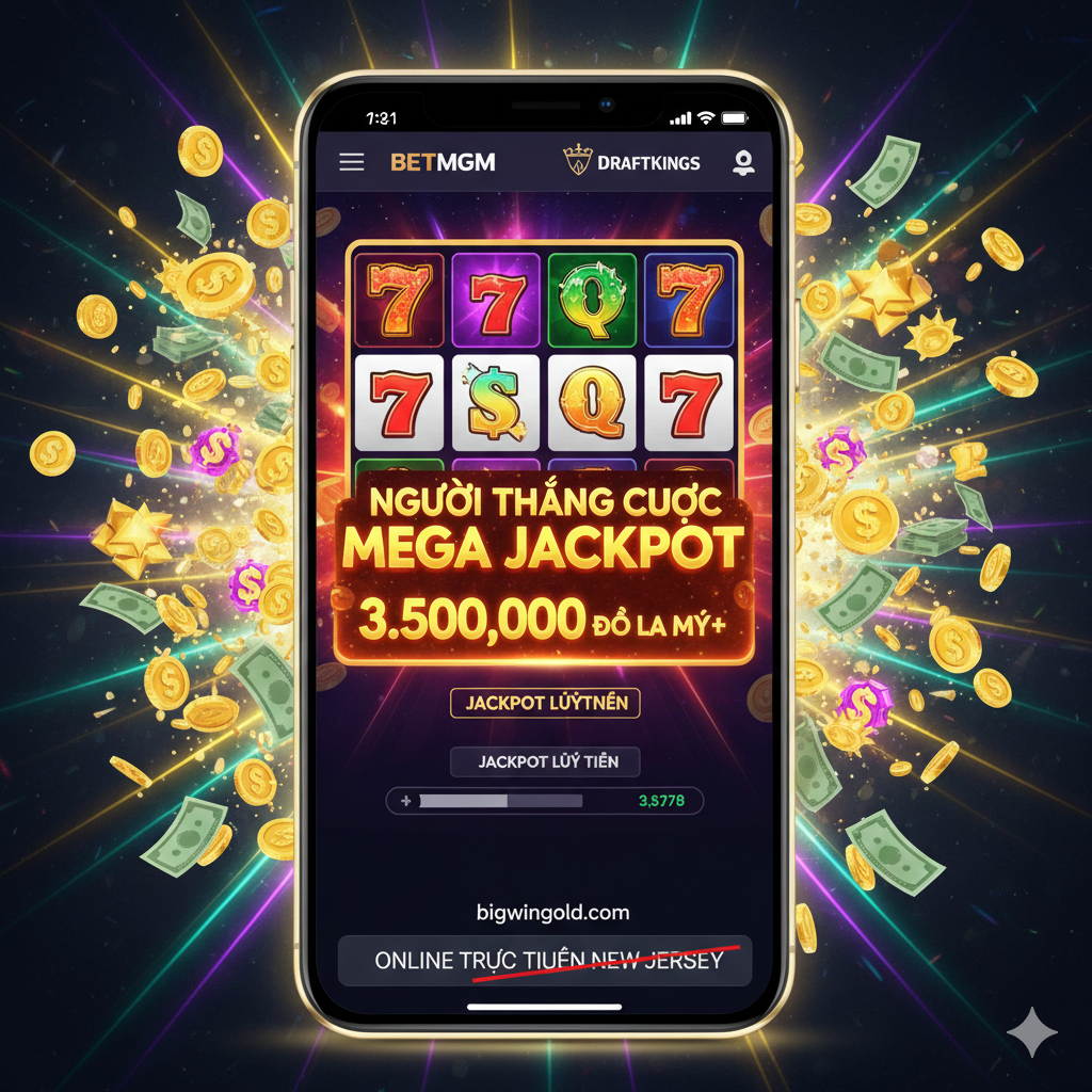 Ảnh minh họa cho phần tính năng và Jackpot Lũy Tiến, tập trung vào BetMGM và DraftKings. Hình ảnh một màn hình điện thoại di động lớn hiển thị ứng dụng casino với giao diện trò chơi Slots đang quay và một thông báo 'MEGA JACKPOT WINNER' lớn nổi bật với số tiền khủng (ví dụ: $3,500,000+). Phía sau màn hình điện thoại là các biểu tượng tiền mặt, đồng xu vàng hoặc biểu tượng Jackpot của Slots. Màu sắc nổi bật, gây ấn tượng mạnh về tiền thưởng và sự phấn khích khi thắng lớn. Giao diện ứng dụng nên mượt mà, tốc độ cao, gợi ý ứng dụng di động tốt nhất.