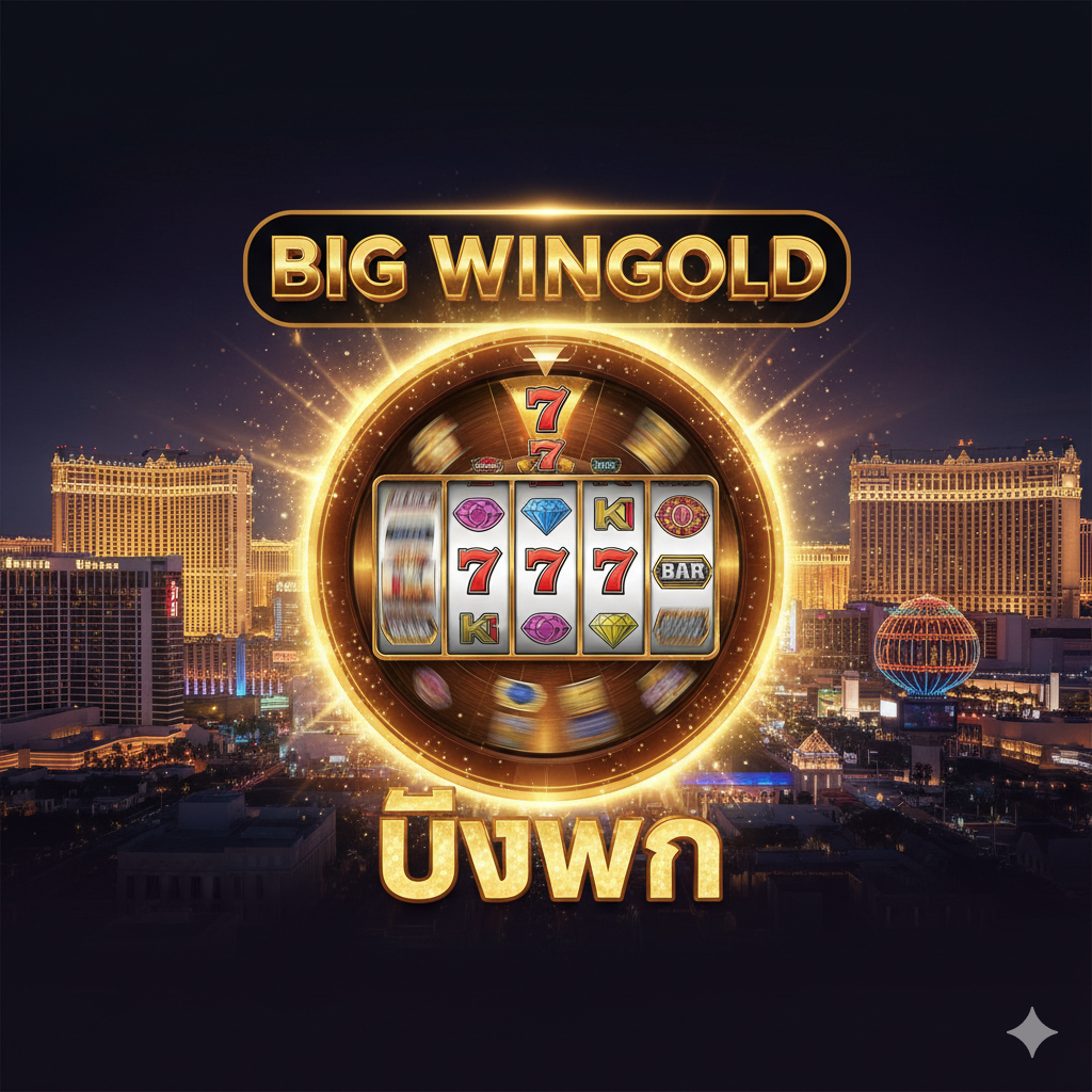 ภาพปกแนวหรูหราอลังการ สไตล์ลาสเวกัสยามค่ำคืน (Vegas Night) โทนสีทอง แดง และดำเข้ม เน้นความสว่างจากไฟนีออน ภาพควรมีวงล้อสล็อตขนาดใหญ่ที่กำลังหมุนแสดงสัญลักษณ์คลาสสิก (777, BAR, เพชร) พร้อมประกายแสงสีทองพุ่งออกมา พื้นหลังเป็นวิวของ Strip Las Vegas ที่มีตึกคาสิโนเด่นๆ เน้นโลโก้ BigwinGold หรือคำว่า 'Big Win' ที่ส่องแสงโดดเด่นเพื่อสื่อถึงเป้าหมายของบทความ ภาพสื่อถึงความตื่นเต้นและโอกาสในการทำ Big Win