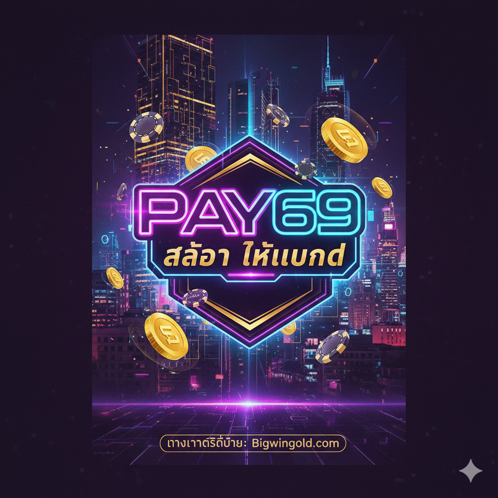 ภาพปกแนวตั้ง (Portrait) สไตล์ Cyberpunk/Futuristic ผสมผสานความเป็นไทยและสล็อตออนไลน์ เน้นสีม่วงเข้ม, ทอง และนีออนฟ้า/ชมพูเด่นสะดุดตา องค์ประกอบหลักคือ: 1. โลโก้ 'Pay69 Slot Thailand' ขนาดใหญ่ส่องแสงนีออน 2. มีรูปเหรียญทองหรือชิปคาสิโนลอยอยู่รอบๆ 3. ด้านล่างมีข้อความขนาดเล็กว่า 'ทางเข้าที่ดีกว่า: Bigwingold.com' โดยมีเอฟเฟกต์แสงไฟเรืองรองด้านหลัง 4. ฉากหลังเป็นตึกระฟ้าในกรุงเทพฯ ยามค่ำคืน แต่ปรับให้เป็นลายเส้นดิจิทัล/วงจรไฟฟ้า (Circuit board pattern) ให้ความรู้สึกทันสมัยและมั่นคง