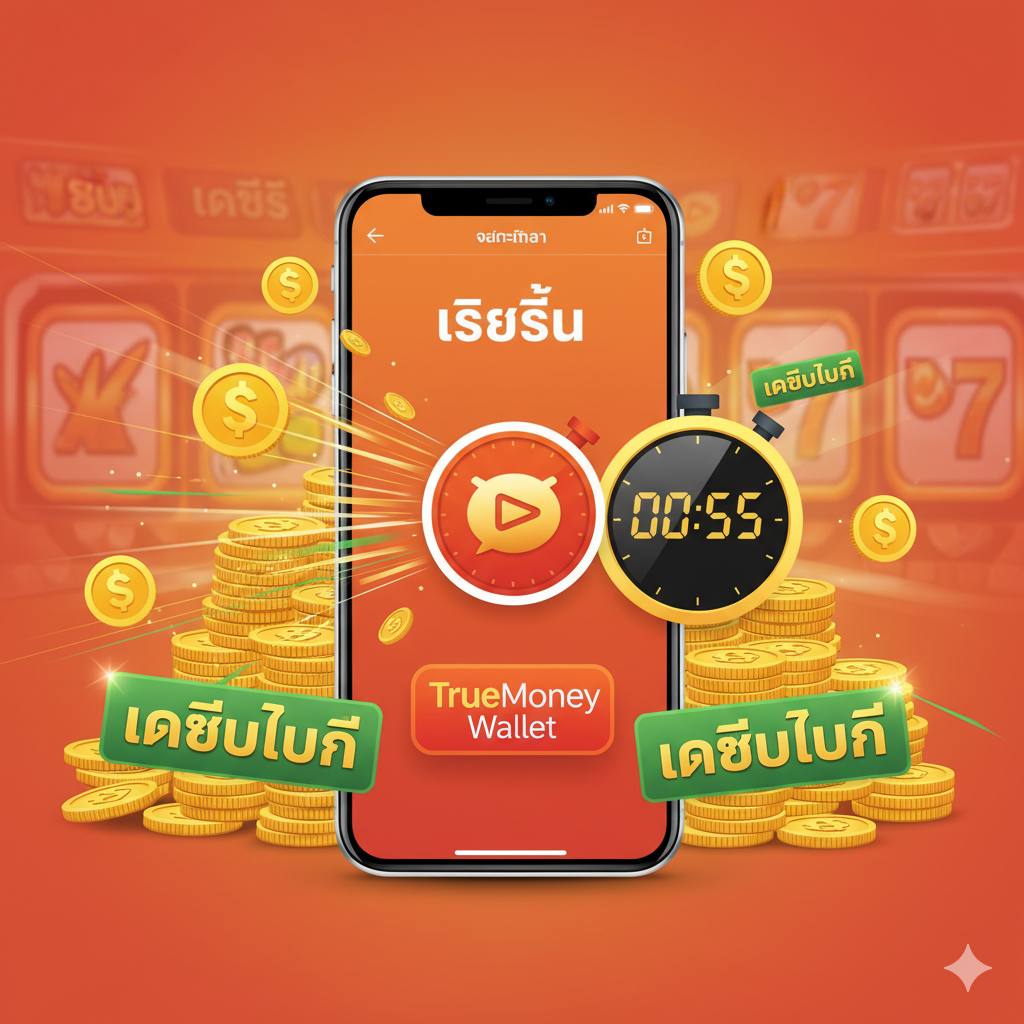 ภาพแนวนอนที่เน้นคุณสมบัติ 'True Wallet' และ 'ความรวดเร็ว 5 วินาที' เป็นหลัก ใช้โทนสีส้ม/แดงของ TrueMoney Wallet ผสมกับสีทองและเขียวของสล็อต องค์ประกอบประกอบด้วย: 1. ภาพมือถือกำลังแสดงหน้าจอธุรกรรมที่ 'เสร็จสมบูรณ์' โดยมีสัญลักษณ์ True Wallet ชัดเจน 2. นาฬิกาจับเวลาดิจิทัลขนาดใหญ่แสดงเลข '5 วินาที' หรือมีเส้นความเร็ว (Speed lines) วิ่งจากกระเป๋าเงินไปยังกองเหรียญทอง 3. มีกองเหรียญทองและสัญลักษณ์ 'เครดิตฟรี' ล้อมรอบโทรศัพท์มือถือ สื่อถึงการฝาก-ถอนที่รวดเร็วและได้รับโบนัสทันที