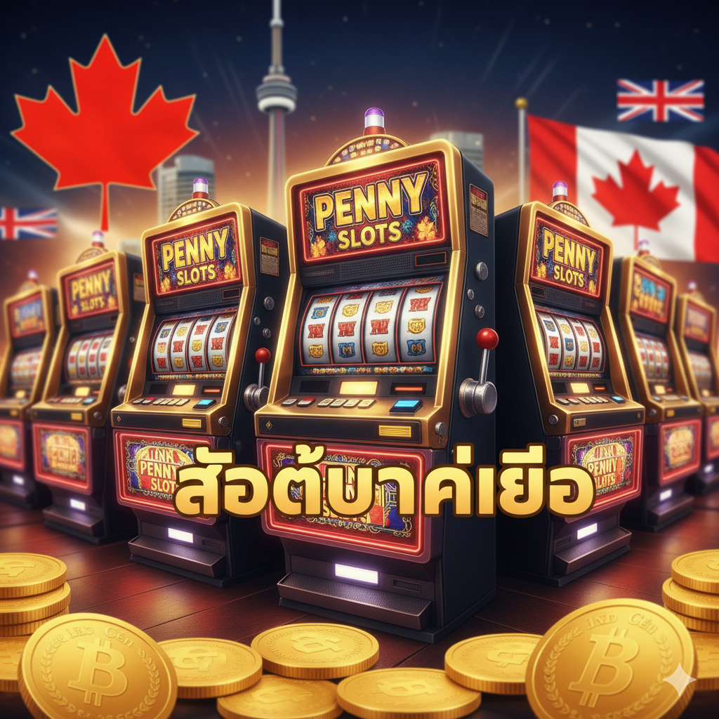 ภาพหน้าปกที่ดึงดูดความสนใจ สไตล์สว่างสดใสและหรูหรา แสดงให้เห็นตู้สล็อตแมชชีนคลาสสิกหลายตู้ที่มีแสงไฟนีออนสีทองและสีแดงส่องประกาย ในพื้นหลังเบลอๆ มีภาพสัญลักษณ์ของแคนาดา/ออนแทรีโอ (เช่น ใบเมเปิ้ล, หอคอย CN Tower หรือธงชาติ) ซ้อนทับอยู่เล็กน้อย เน้นที่คำว่า 'PENNY SLOTS' บนหน้าจอของตู้สล็อตหนึ่งในตู้ ภาพมีองค์ประกอบของเหรียญทองและเหรียญ 1 เซนต์กระจายอยู่ด้านหน้าเพื่อสื่อถึง 'บาทเดียว' หรือ '1 เซนต์' โทนสีหลักคือสีทองหรูหรา สีแดงเข้ม และสีน้ำเงินเข้ม