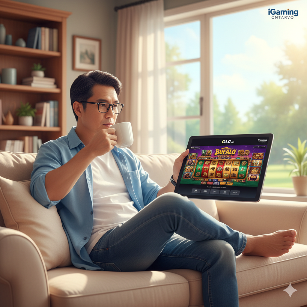 ภาพประกอบส่วน 'คาสิโนออนไลน์ที่ถูกกฎหมาย' เน้นถึงความได้เปรียบของการเล่นออนไลน์ ภาพแสดงบุคคลกำลังผ่อนคลายอยู่บนโซฟาหรือกำลังจิบกาแฟในบ้าน พร้อมกับเล่นสล็อตบนแท็บเล็ตหรือสมาร์ทโฟน หน้าจอแท็บเล็ตแสดงโลโก้ของ FanDuel Casino ON หรือ OLG.ca และมีกราฟิกเล็กๆ ของโลโก้ 'iGaming Ontario' เพื่อเน้นความถูกกฎหมายและความปลอดภัย ภาพควรมีองค์ประกอบของสล็อตออนไลน์ยอดนิยม เช่น Buffalo หรือ Cleopatra ปรากฏอยู่บนหน้าจอ โทนสีสดใสและอบอุ่น สื่อถึงความสะดวกสบายและการเข้าถึงที่ง่ายดาย