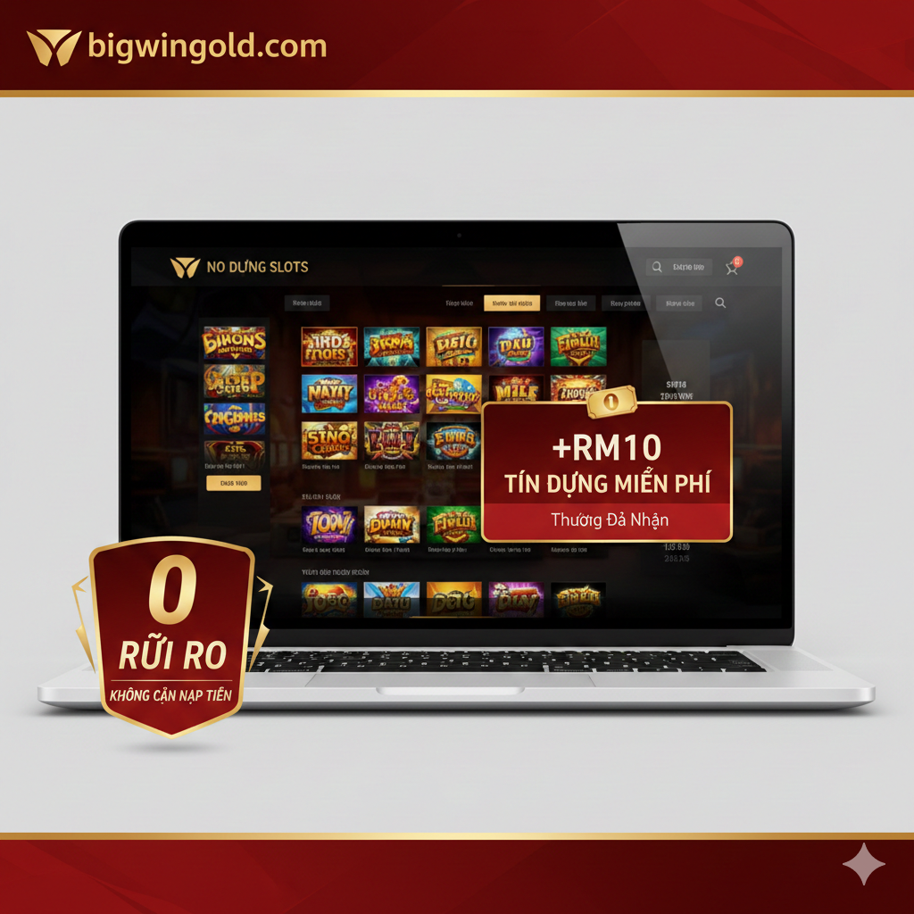 Hình ảnh này 用于展示“RM10 No Deposit”这一核心功能。画面应简洁地展示一个智能手机界面（代表Online Slot），界面上突出显示一个醒目的“RM10 Free Credit”或“Tín Dụng Miễn Phí”的横幅。旁边有一个小小的、代表“No Deposit”的图标，例如一个 bị cấm存款图标或者一个零成本的符号。色彩以BigwinGold的主题色为主，强调**“Free”** và “No Risk” 的概念，并配有马来西亚货币林吉特（RM）的符号，增强地域识别性.
