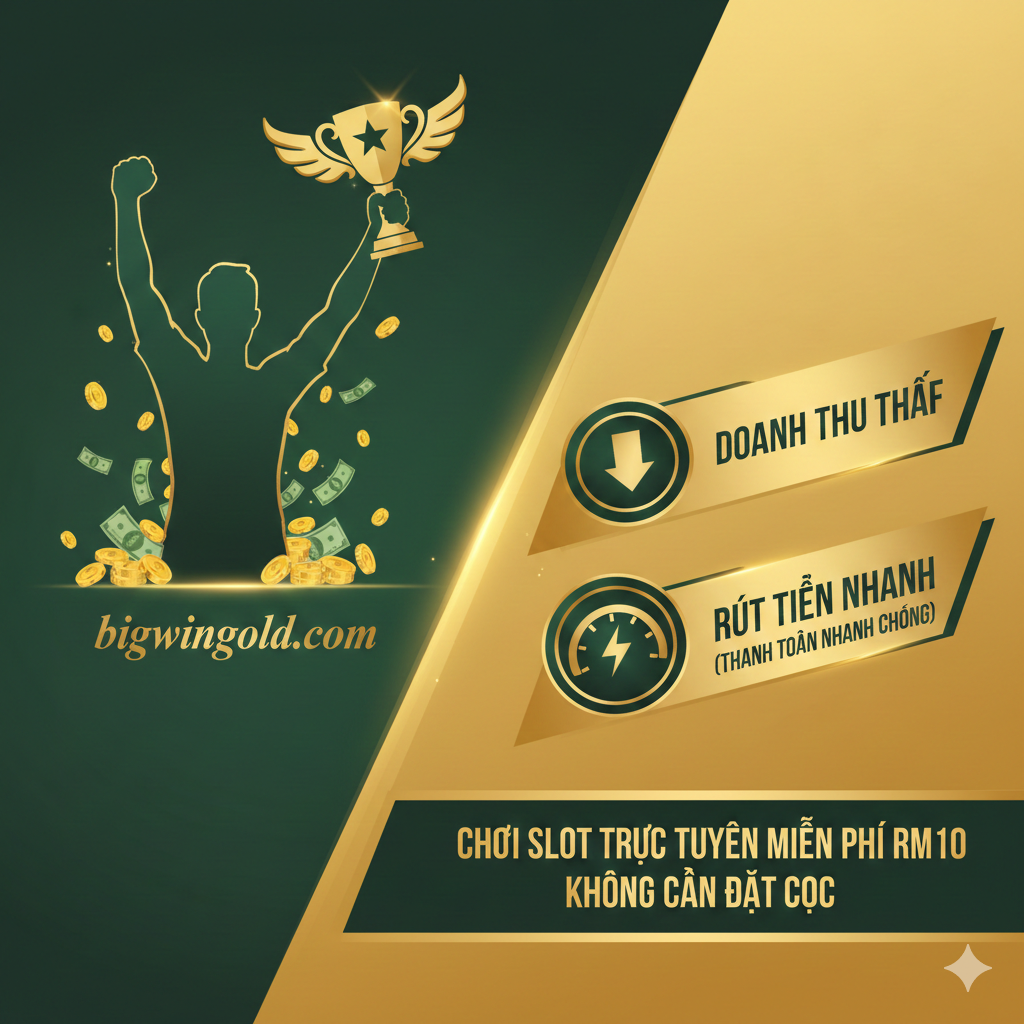 Hình ảnh突出“优势”部分，尤其是**“Low Wagering x5”和“Max Cash Out RM50”**。画面左侧是一个醒目的数字“5”在一个圆圈内，象征低倍流水要求（x5）。右侧是一个带有“RM50”标签的筹码或一堆金币，表示最高的提款额度。构图应采用对比手法，例如用一个箭头指向RM50，表示高价值回报。背景可以 có模糊的BigwinGold老虎机画面作为衬托，整体营造出“高回报、低门槛”的诱人优势.