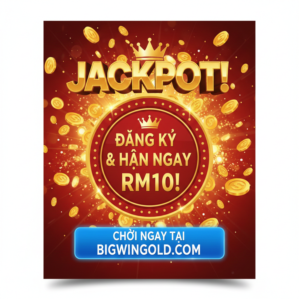 Hình ảnh một总结和呼吁行动（Call to Action）的图片。主视觉是一个用户正用手机或电脑点击一个巨大的、闪烁的“Đăng Ký Ngay”或“CLAIM NOW”按钮。周围环绕着不同的热门Slot Game图标（例如918Kiss, Mega888的符号），象征游戏的丰富性。中心文字突出“Đừng Bỏ Lỡ!”（Don't Miss Out!）和“RM10 Miễn Phí Đang Chờ!”的标语。整体色彩明亮，深蓝色 và金色交叉使用，传达紧迫 cảm và hành động lực, khuyến khích用户立即访问BigwinGold.com.