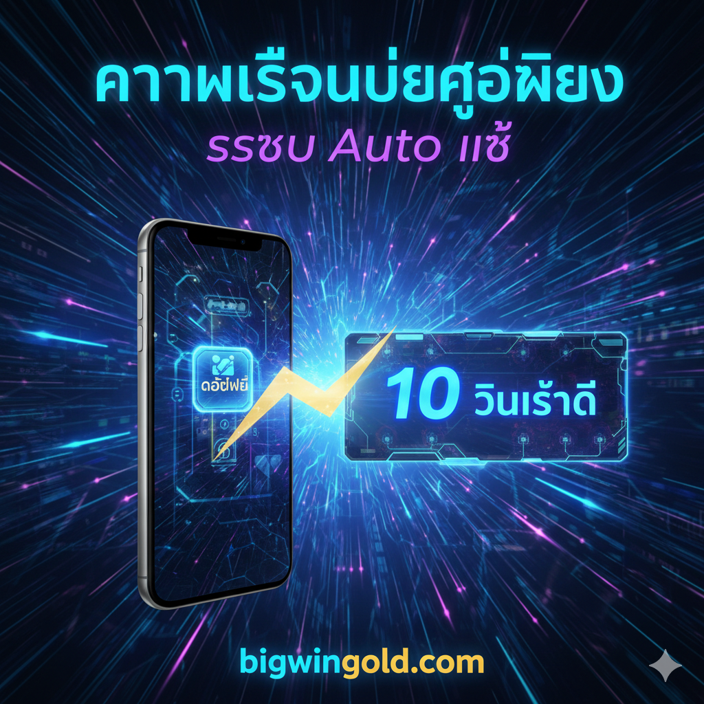 ภาพที่เน้นฟีเจอร์ 'ความเร็วเหนือคู่แข่ง' และ 'ระบบ Auto แท้' แสดงถึงฟ้าผ่าจากไอคอนโค้ดฟรีไปยังหน้าเกมสล็อตพร้อมข้อความ '10 วินาที' ด้วยโทนสีน้ำเงินและม่วงแบบเทคโนโลยี