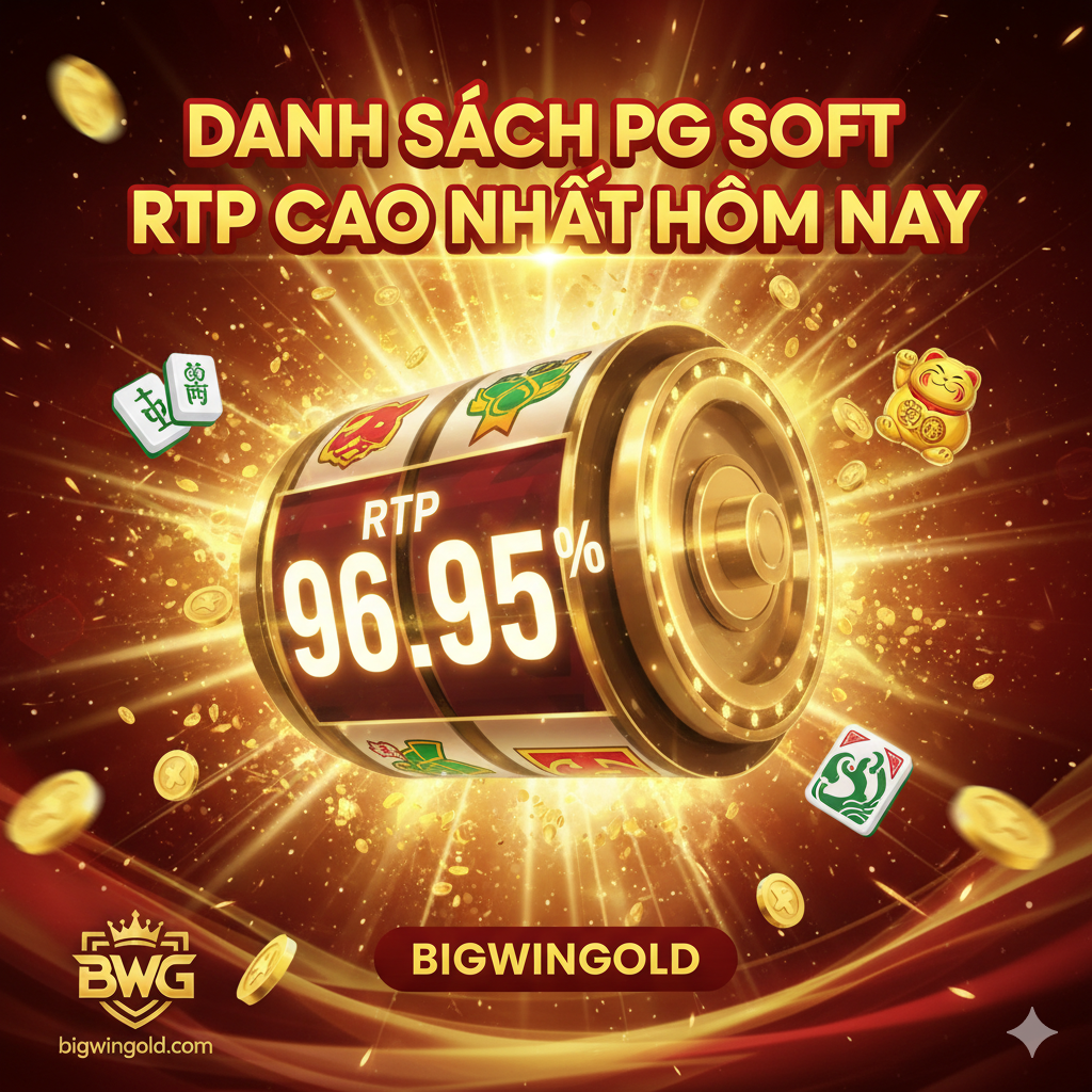 一张引人注 mục đích 封面图，突出越南语关键词 'DANH SÁCH PG SOFT RTP CAO NHẤT HÔM NAY' và 'BIGWINGOLD'。构图采用对比强烈的金色和红色调，营造财富和刺激感。中心是一个巨大的旋转老虎机符号（Slot Reel），其中一格醒 mục đích 显 thị 'RTP 96.95%'。背景融入PG Soft热门游戏的图标元素（如Mahjong Ways 2的麻将牌、Lucky Neko的招财猫），并加上闪烁的光芒和金币飞溅的动态效果。底部角落放置 bigwingold.com 的标志或象征，强调内容与站点的相关性。整体风格现代、高端，充满博弈主题的视觉冲击力。
