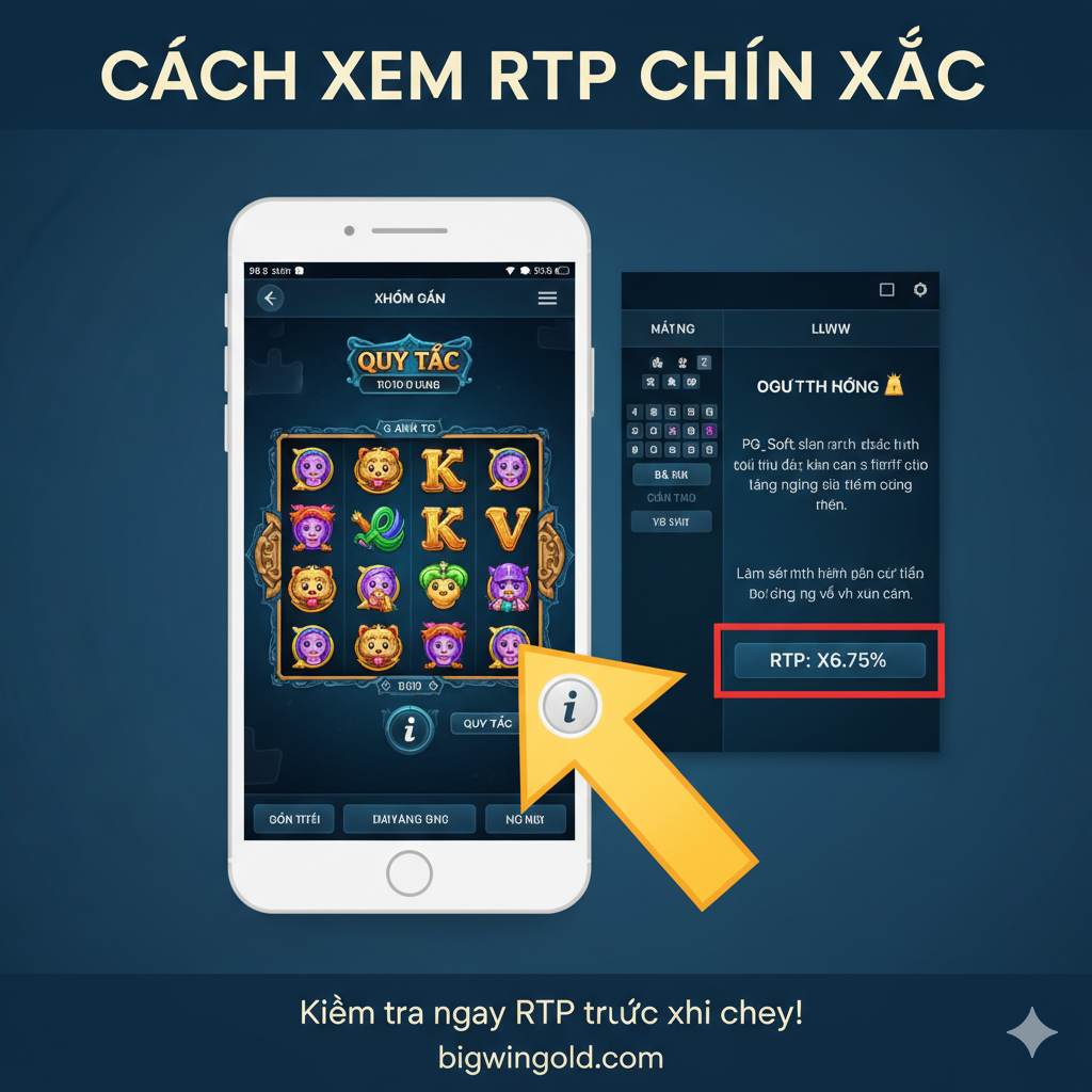 一张教程指导图，解释'CÁCH XEM RTP CHÍNH XÁC'（如何准确查看RTP）。构图模拟手机或电脑屏幕上 PG Soft 游戏的界面，用高亮的箭头指示玩家点击 'i' 或 'Rules'（信息/规则）按钮。在侧边的小窗口中展示展开后的游戏规则页面，用红框圈出 'RTP: XX.XX%' 的位置。色彩使用沉稳的蓝色和白色，辅以亮黄色的高光和箭头，传达清晰、专业的指导感。图片下方可以 có简短的越南语提示 'Kiểm tra ngay RTP trước khi chơi!'。