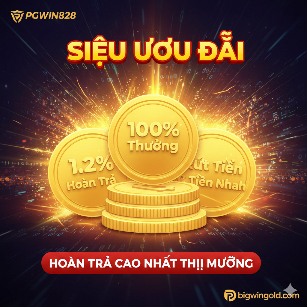 Bức ảnh này nhằm mục đích làm nổi bật lợi thế cạnh tranh của PGWin828. Ở trung tâm khung hình là ba đồng xu vàng khổng lồ xếp chồng lên nhau, khắc dòng chữ “100% Bonus”, “1.2% Cashback” và “Rút Tiền Nhanh”. Bối cảnh là những chùm ánh sáng và luồng dữ liệu đang di chuyển, tượng trưng cho tốc độ và bảo mật của giao dịch. Tông màu tổng thể tươi sáng, tràn đầy sức sống, được nhấn mạnh bằng màu vàng và đỏ rực rỡ để làm nổi bật dòng chữ “Siêu Ưu Đãi” và “Hoàn Trả Cao Nhất Thị Trường”, mang lại cho người chơi ấn tượng về sự hào phóng và giá trị cao.