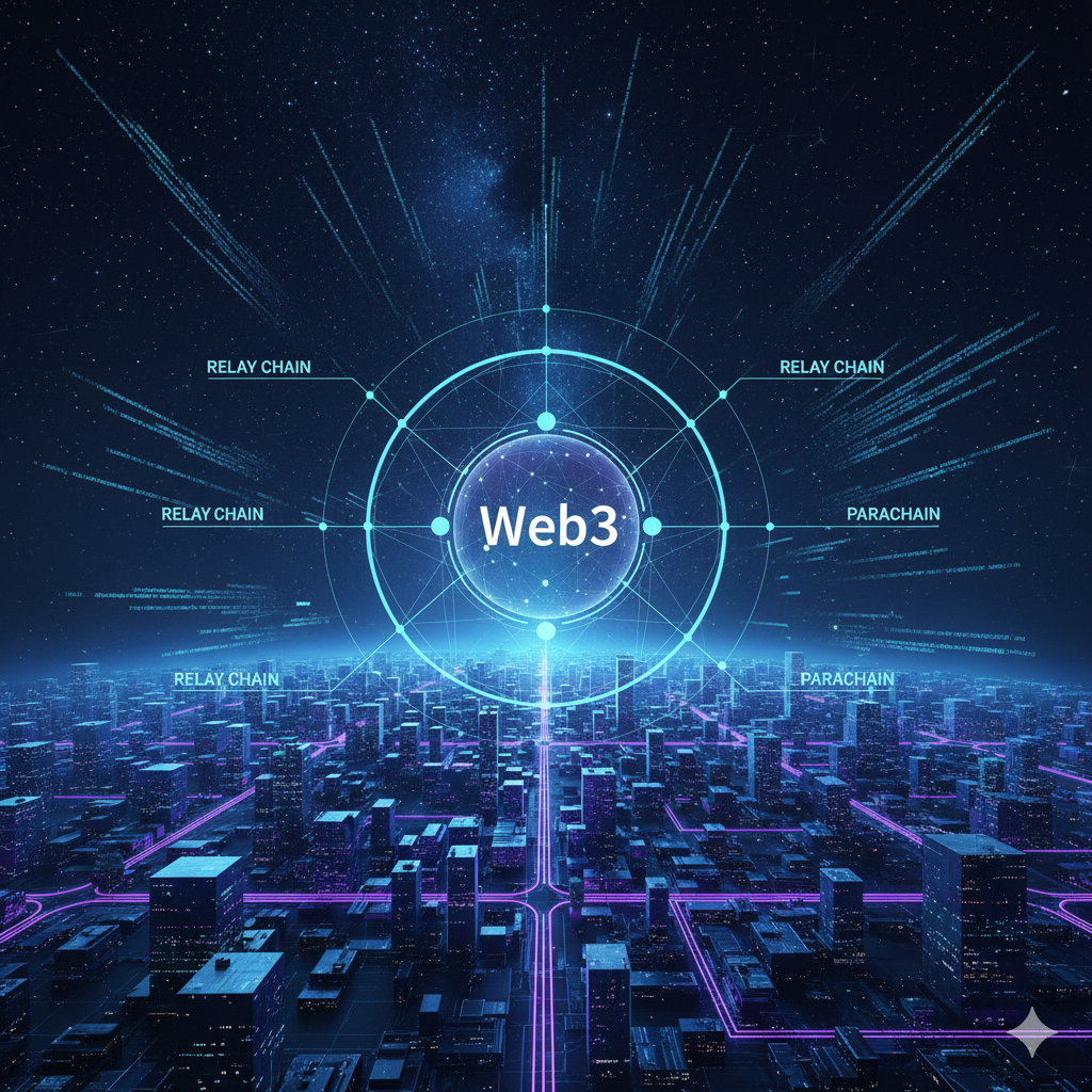 总结Polkadot和Parachain Auction对Web3未来的影响。画面应该宏大且富有远见，展示一个由Polkadot网络支撑的未来城市或数字世界。中心是一个地球形状的Web3图标，被Relay Chain和Parachain连接成一个完整的、去中心化的生态系统。天空中有数据流和代码块漂浮，代表技术和创新。使用深蓝色、紫色和霓 neon 光效，营造出科幻和未来主义的风格，象征'开创Web3新纪 nguyên'。