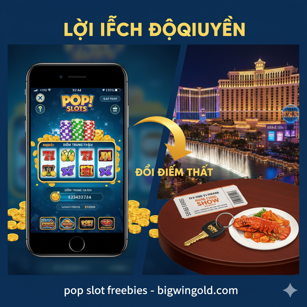 Ảnh minh họa lợi thế độc quyền của POP! Slots: MyVEGAS Rewards. Hình ảnh chia làm hai nửa. Nửa bên trái là giao diện trò chơi POP! Slots với các biểu tượng chip và Loyalty Points. Nửa bên phải là hình ảnh sang trọng của Las Vegas (ví dụ: Bellagio, Aria) với các yếu tố như vé xem show, phòng khách sạn, hoặc bữa tối cao cấp, tất cả được nối với nhau bằng một mũi tên lớn (tượng trưng cho việc đổi điểm thực tế). Tông màu xanh, đỏ của Las Vegas tạo cảm hứng, thể hiện sự kết nối giữa game ảo và phần thưởng thực tế.