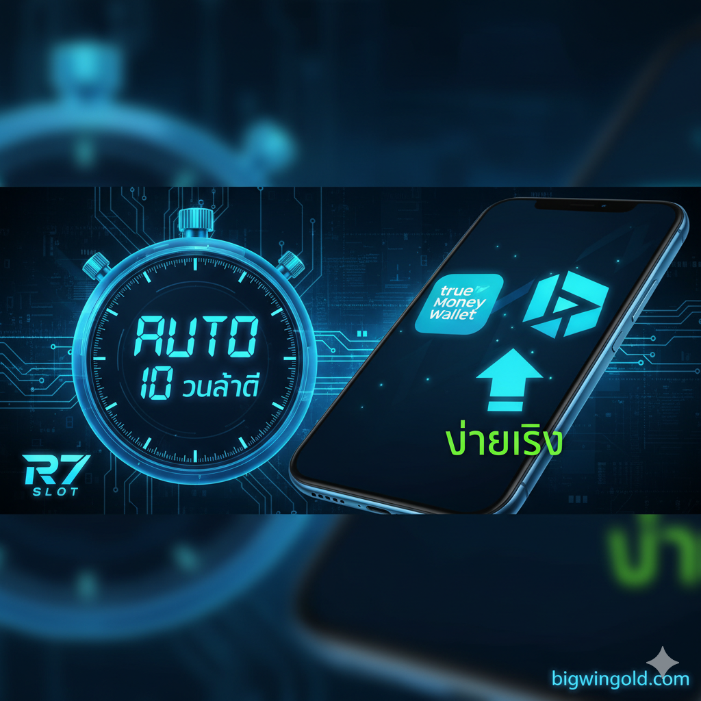 ภาพเน้นข้อดีของระบบการเงิน: มีนาฬิกาแสดง “10 วินาที” พร้อมโลโก้ True Money Wallet และธนาคารชั้นนำ เพื่อสื่อถึงความเร็วในการทำธุรกรรมแบบ “Auto” และความปลอดภัยในการ “จ่ายจริง”