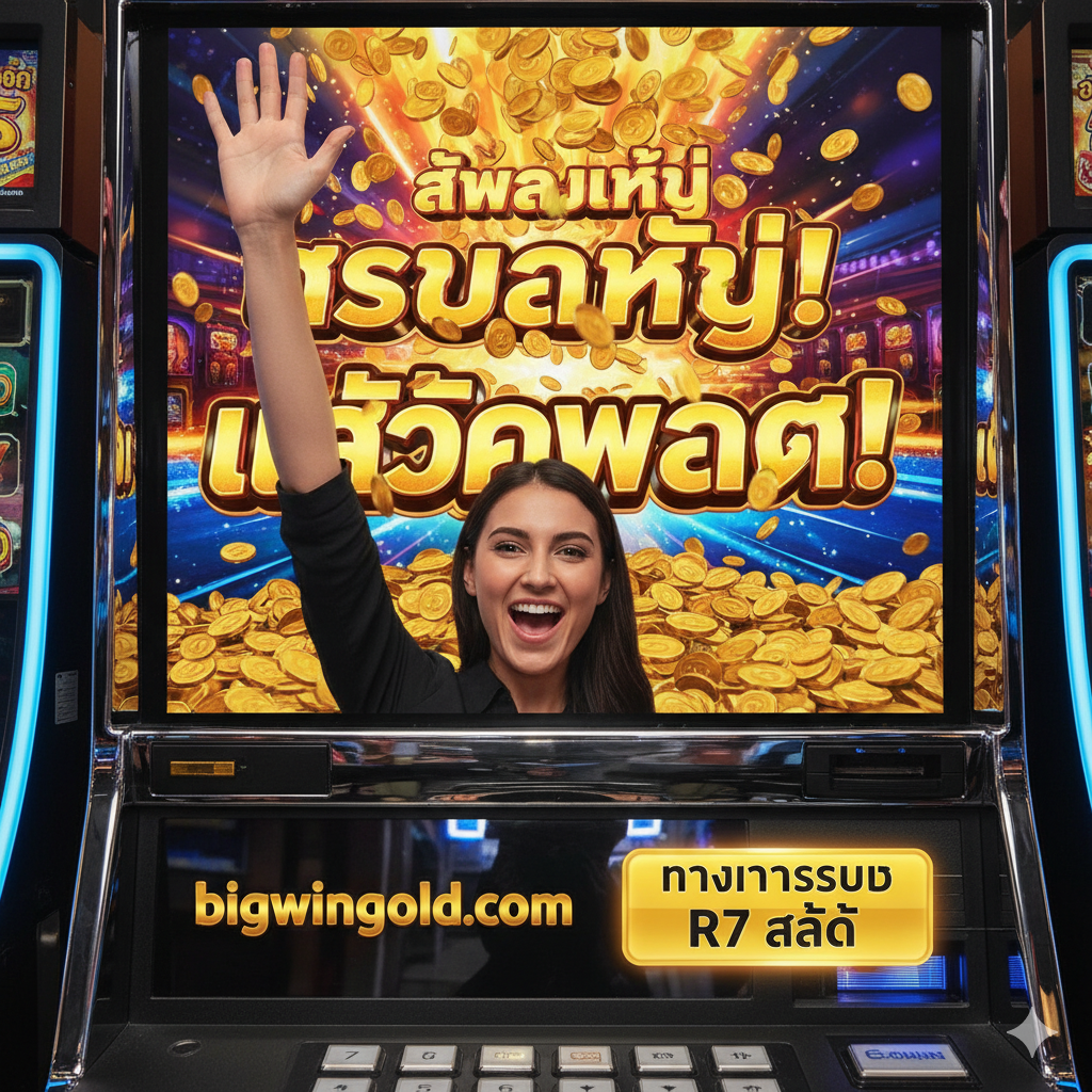 ภาพสรุปที่เน้นถึงความสำเร็จในการชนะ: ผู้เล่นกำลังดีใจพร้อมฉากหลังเป็นจอเกมสล็อตขนาดใหญ่แสดงคำว่า “JACKPOT” และมีทองคำโปรยลงมา พร้อมโลโก้ bigwingold.com และปุ่มกระตุ้นการตัดสินใจ “R7 Slot LOGIN”
