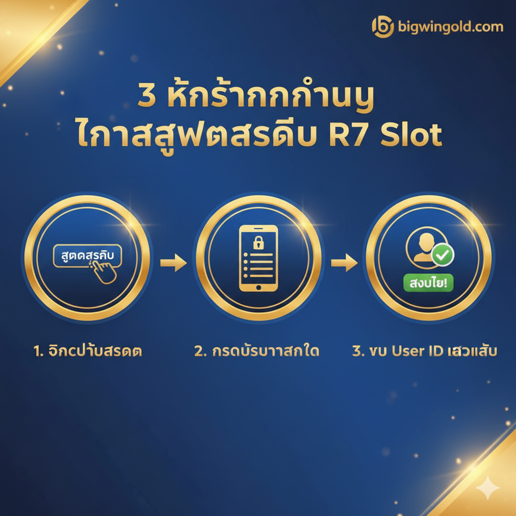 ภาพสอนการสมัครสมาชิก R7 Slot 3 ขั้นตอน: 1. คลิกปุ่ม “สมัคร” 2. กรอกข้อมูลส่วนตัว 3. ยืนยันและรับ User ID เน้นถึงความง่ายและรวดเร็วด้วยไอคอนที่ชัดเจน
