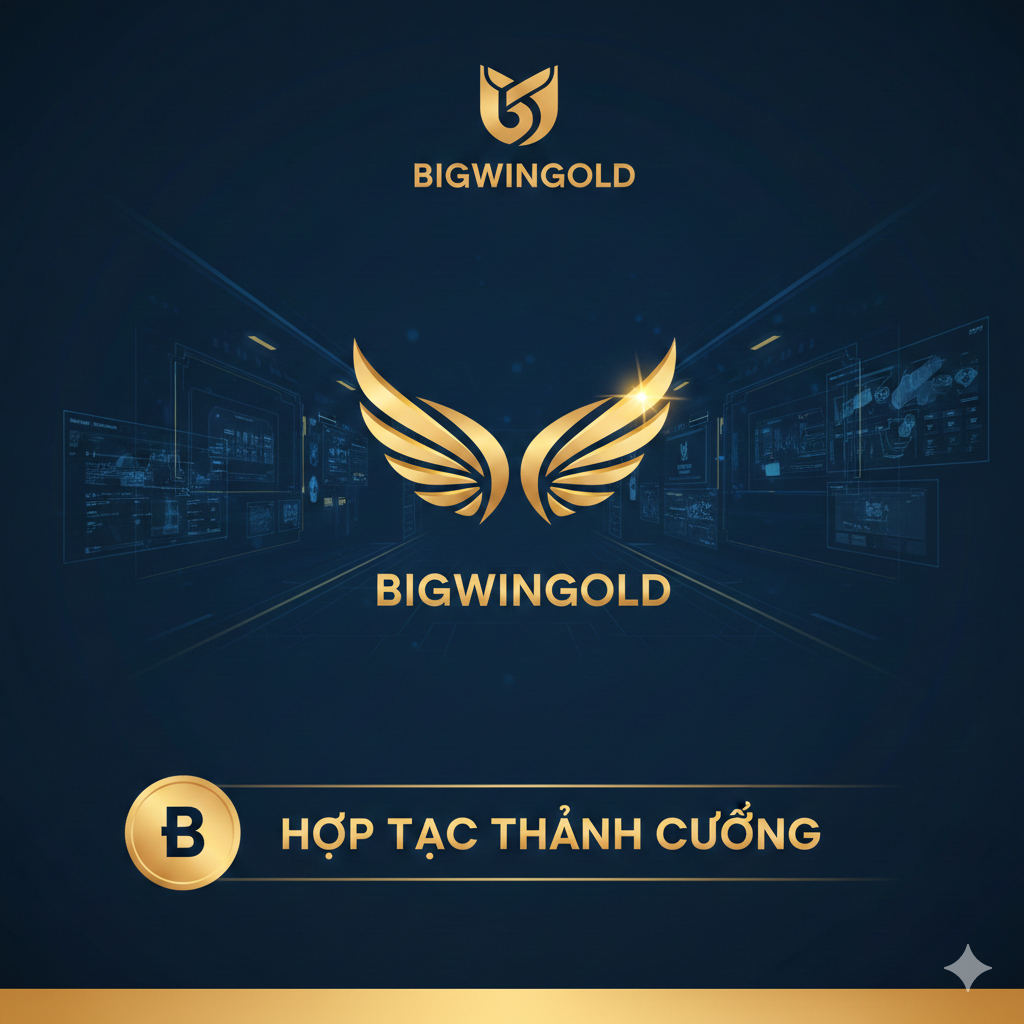 Hình ảnh về Bigwingold với chủ đề deep blue và gold, có logo 'Victory Wing' và phác thảo sòng bạc kỹ thuật số, nhấn mạnh vào giải pháp 'realizzazione sale slot' và cơ hội 'Hợp Tác Thành Công'.