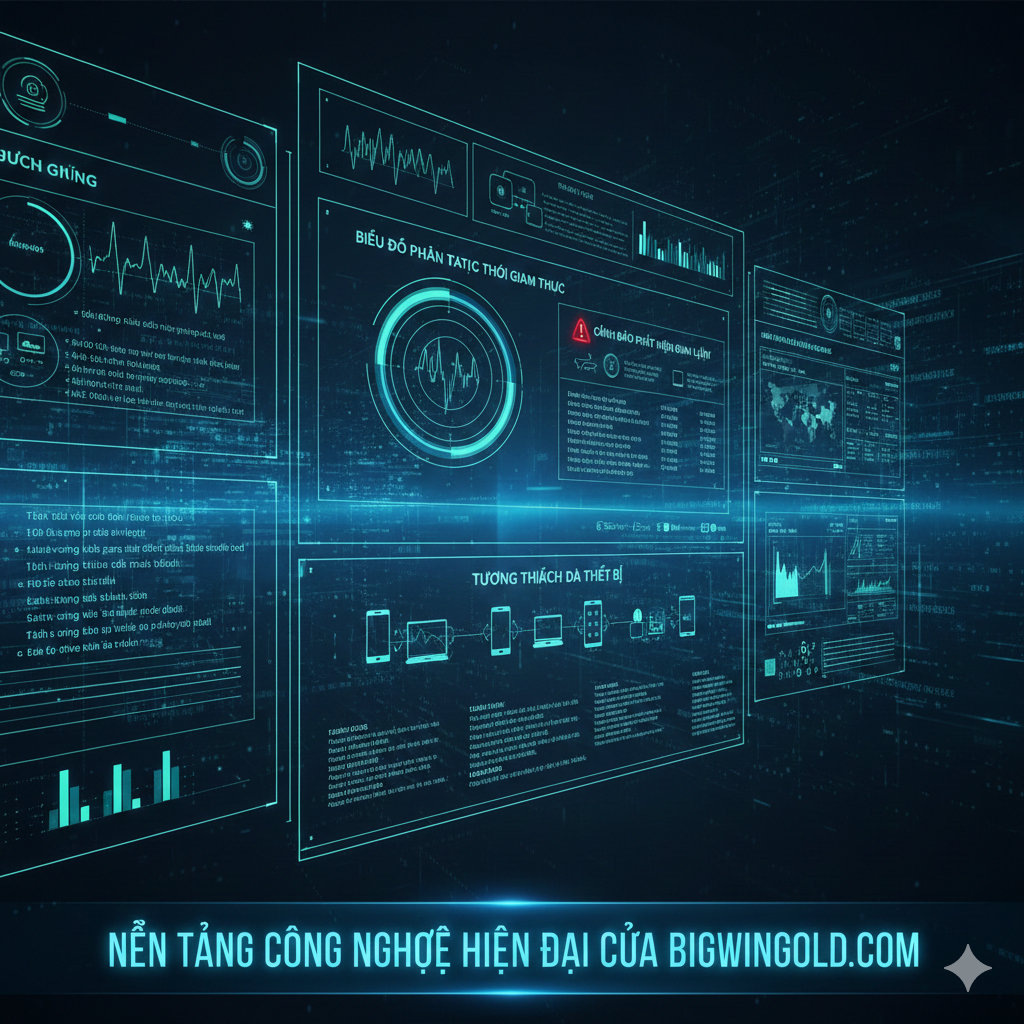 Hình ảnh hiển thị giao diện phức tạp, đa màn hình của hệ thống Back-office Bigwingold, với biểu đồ phân tích dữ liệu theo thời gian thực, cảnh báo chống gian lận và biểu tượng khả năng tương thích với nhiều thiết bị.