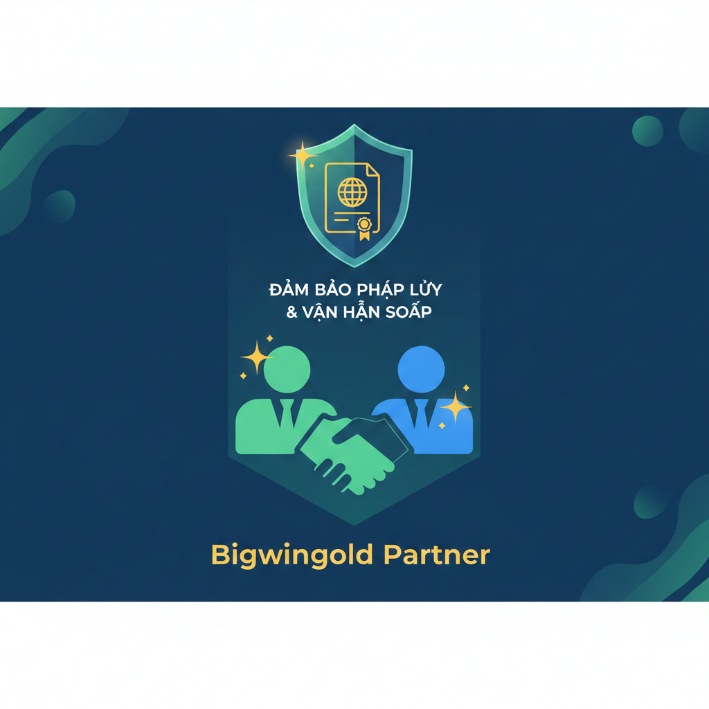Hình ảnh tóm tắt hợp tác giữa hai đối tác kinh doanh với một chiếc khiên được bảo vệ bởi con dấu luật pháp quốc tế, nhấn mạnh 'Đảm Bảo Pháp Lý & Vận Hành An Toàn' và sự tin cậy của 'Bigwingold Partner'.