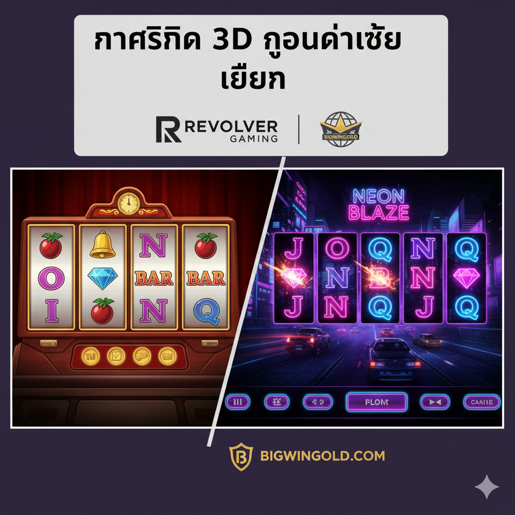 ภาพที่เน้นจุดเด่นด้านกราฟิก 3D โดยใช้ฉากเปรียบเทียบระหว่างสล็อตทั่วไปกับสล็อตของ Revolver Gaming จัดองค์ประกอบเป็นสองส่วน: ด้านซ้ายแสดงสล็อตแบบ 2D คลาสสิกที่ดูเรียบง่าย ส่วนด้านขวาแสดงหน้าจอเกม 'Thor of Asgard' หรือ 'Neon Blaze' ที่มีการเรนเดอร์ 3D ที่คมชัดและมีมิติ แสงเงาที่สมจริง ตัวละครเคลื่อนไหวอย่างมีชีวิตชีวา เน้นคำว่า '3D Quality' หรือ 'Unreal Graphics' เป็นภาษาอังกฤษที่โดดเด่น ใช้โทนสีสดใสและมืดตัดกันเพื่อเน้นความลึกของภาพ