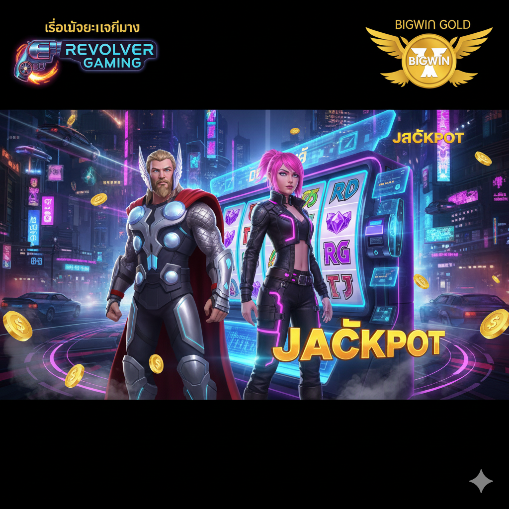 ภาพหน้าปกสไตล์ Cyberpunk/Sci-Fi ที่มีโลโก้ 'Revolver Gaming' และ 'Bigwin Gold' อยู่ด้านบนหรือมุมใดมุมหนึ่งอย่างชัดเจน องค์ประกอบหลักคือตัวละคร 3D จากเกมยอดนิยมของค่าย (เช่น Thor หรือตัวละครจาก Neon Blaze) ผสมผสานกับองค์ประกอบของสล็อตแมชชีนดิจิทัลและแสงไฟนีออนสีม่วง, ฟ้า, และชมพูเข้ม เน้นความตื่นเต้นและคุณภาพกราฟิก 3D ชั้นสูงของเกม มีสัญลักษณ์เหรียญทองหรือสัญลักษณ์ Jackpot ลอยอยู่รอบๆ เพื่อสื่อถึงโอกาสในการชนะ
