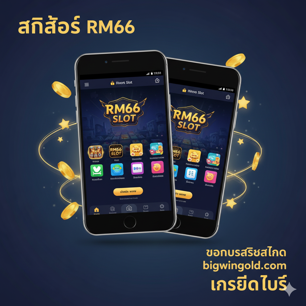 一张吸引สายตาของชาวไทยสำหรับภาพหน้าปก หลักของภาพคือสมาร์ทโฟนที่แสดงหน้าจอของ rm66 slot app ทั้ง Android และ iOS โดยมีพื้นหลังสีน้ำเงินเข้มและสีทองที่สื่อถึงความหรูหราและความมั่งคั่ง ด้านซ้ายบนมีคำว่า “rm66 slot app” และด้านขวาล่างเน้นข้อความภาษาไทย “bigwingold.com Exclusive Bonus” และ “เครดิตฟรี” สไตล์โดยรวมควรดูทันสมัย มีพลัง และสร้างความตื่นเต้นเพื่อดึงดูดให้ผู้ใช้คลิกดาวน์โหลด โทรศัพท์ถูกล้อมรอบด้วยเหรียญทองหมุนและดาวที่เปล่งประกาย เพื่อเพิ่มความน่าสนใจทางสายตา