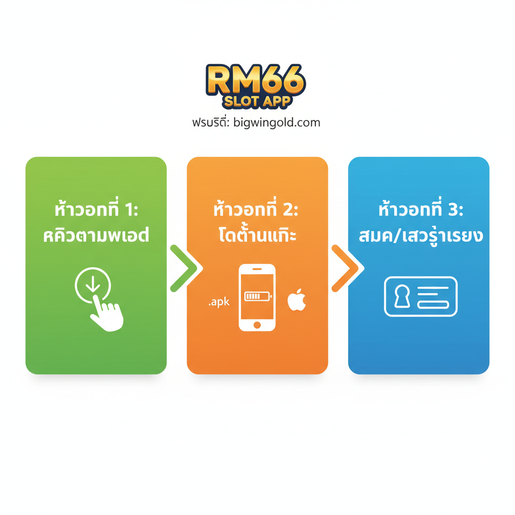 ภาพคุณสมบัติที่เน้น "ความเร็ว" และ "ความเสถียร" ตรงกลางภาพมีไอคอน rm66 slot app ขนาดใหญ่ และมีลำแสงสามเส้นที่แสดงถึงคุณสมบัติยื่นออกมา ลำแสงที่ 1: “เล่นได้ทุกที่” พร้อมไอคอนโทรศัพท์ขนาดเล็ก ลำแสงที่ 2: “ความเสถียรสูงสุด” พร้อมไอคอนโล่สีเขียวหรือสายฟ้า ลำแสงที่ 3: “เข้าถึงรวดเร็ว” พร้อมไอคอนมาตรวัดความเร็วหรือลูกศร พื้นหลังเป็นเส้นสายวงจรไฟฟ้าหรือเส้นความเร็วแสงในโทนสีฟ้าและสีฟ้าคราม สื่อถึงเทคโนโลยีและประสิทธิภาพสูง