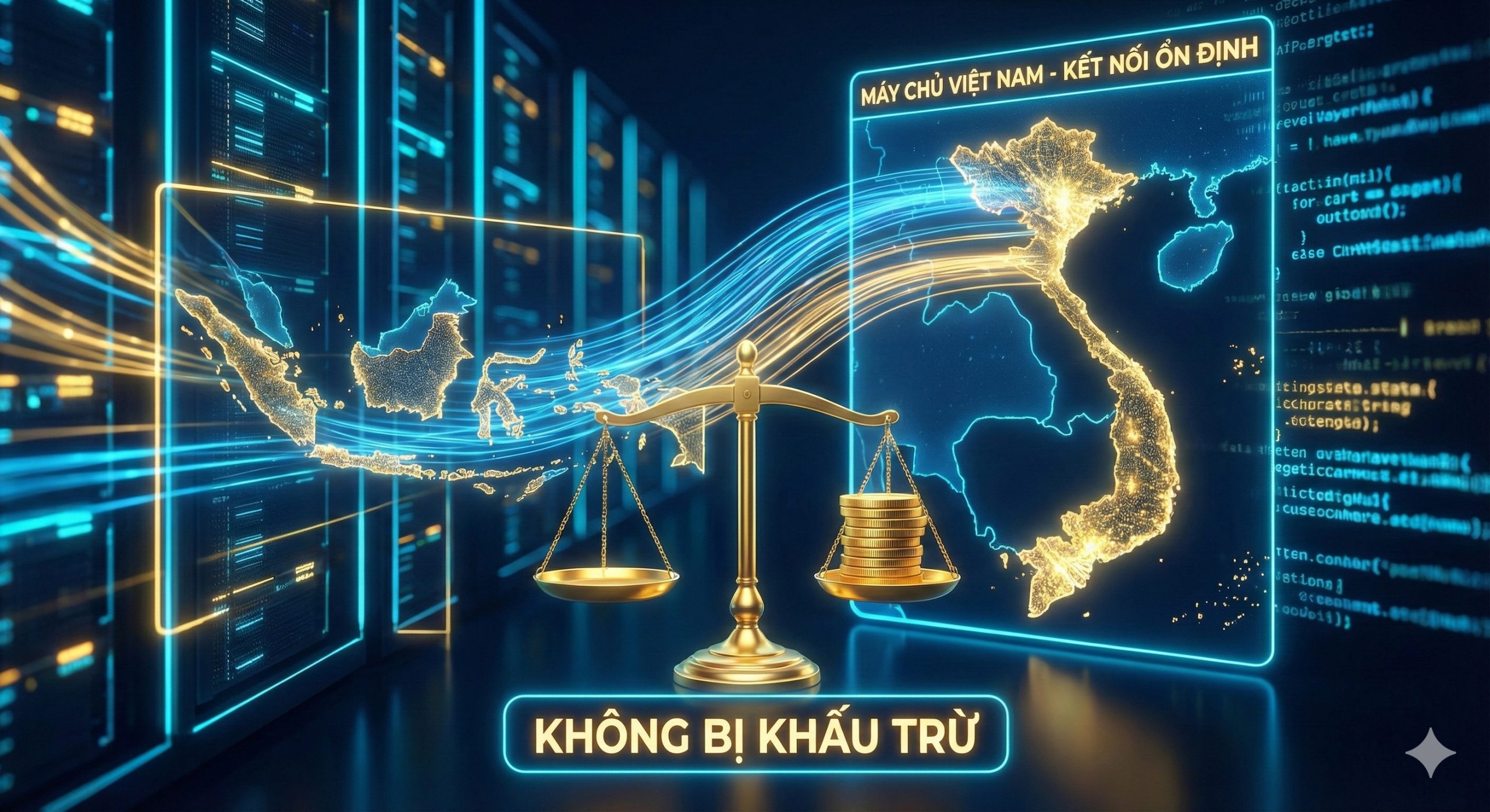 A conceptual tech illustration visualizing the 'Server Vietnam' connection. Glowing fiber optic lines connect a stylized map of Indonesia to a highlighted map of Vietnam, symbolizing direct server access. In the foreground, a golden balance scale holds a stack of coins that remains perfectly level, visually metaphorizing the 'Tanpa Potongan' (No Deduction) policy. The background features abstract server rack lights and digital code streams in neon blue and gold, suggesting high stability and speed.