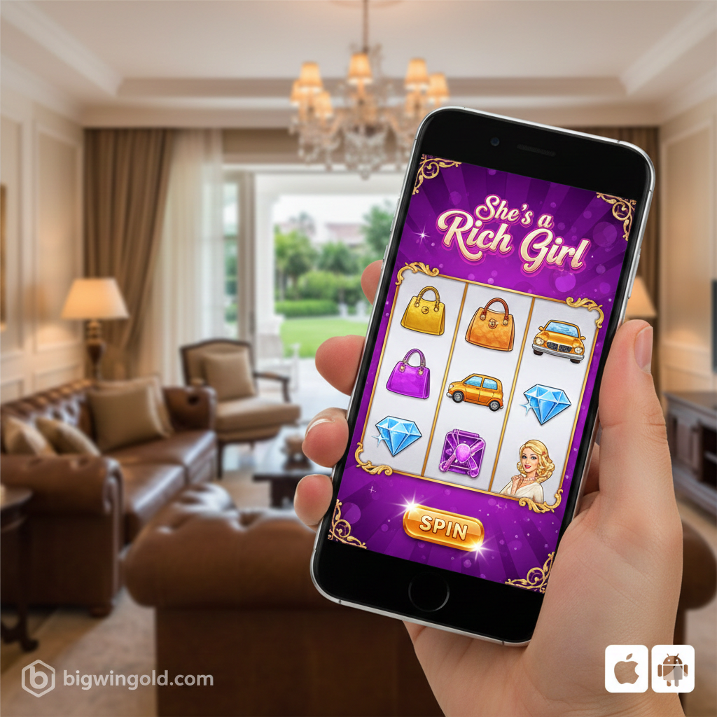 Hình ảnh thể hiện ưu điểm chơi mượt trên di động tại bigwingold.com. Một bàn tay đang cầm điện thoại thông minh (smartphone) hiển thị giao diện game 'She’s a Rich Girl' với nút 'Spin' lớn. Nền sau là hình ảnh mờ của một căn phòng khách sang trọng hoặc một khu resort cao cấp, ngụ ý người chơi có thể tận hưởng trò chơi mọi lúc mọi nơi. Góc dưới cùng nên có logo mờ của bigwingold.com và biểu tượng của Android/iOS, nhấn mạnh vào sự tiện lợi và tối ưu hóa di động.