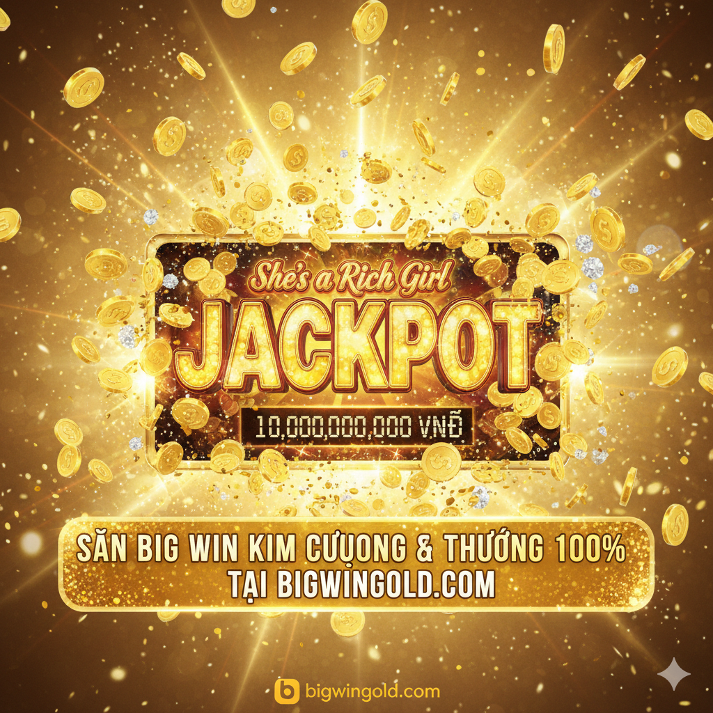 Ảnh tổng kết và kêu gọi hành động. Hình ảnh một màn màn hình Big Win hoặc Jackpot (với một lượng lớn tiền vàng và kim cương) đang nổ tung trên giao diện game. Có một dải banner lớn, lấp lánh đặt phía trên hoặc dưới cuộn quay, ghi thông điệp bằng tiếng Việt như 'Săn Big Win Kim Cương' hoặc 'Thưởng 100% tại bigwingold.com'. Màu vàng kim loại và hiệu ứng ánh sáng chói lọi tạo cảm giác phấn khích và thúc đẩy người chơi tham gia ngay lập tức.
