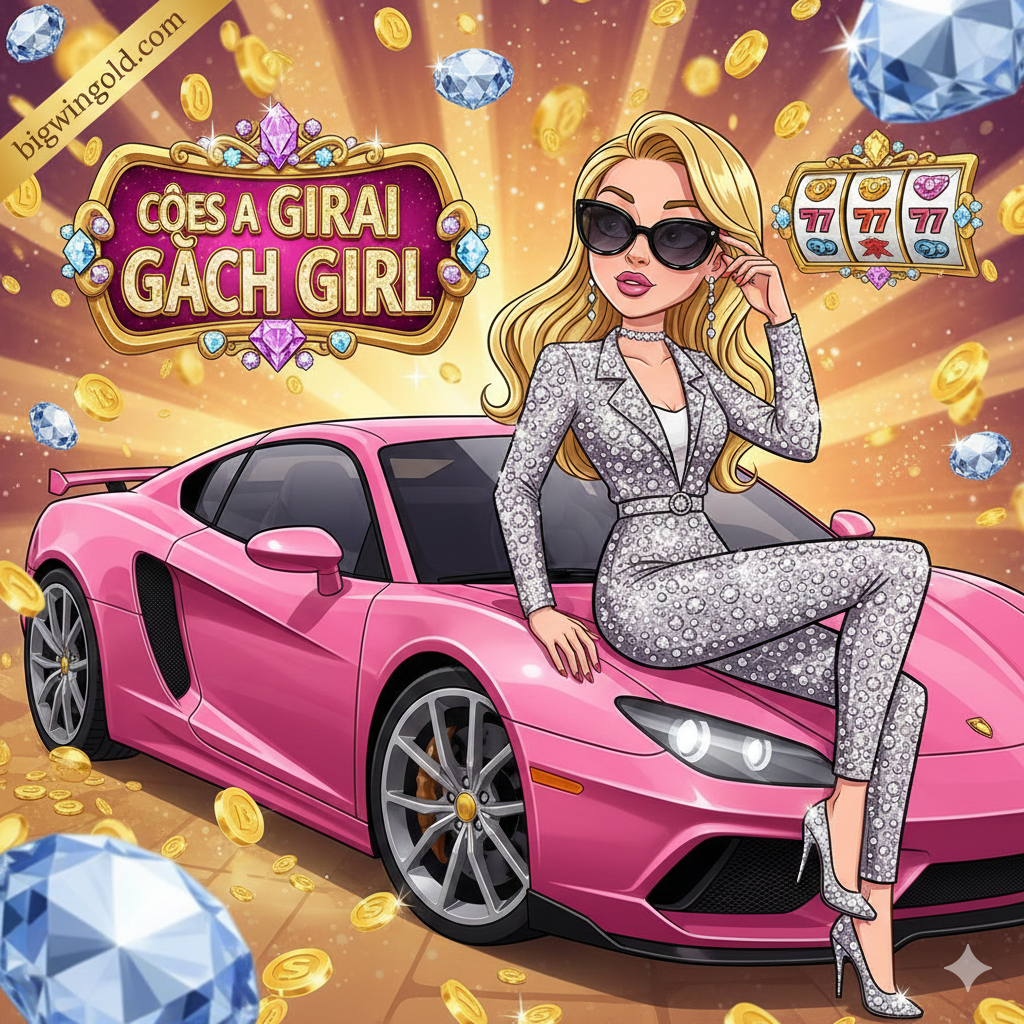 Ảnh bìa phong cách hoạt hình sang trọng, lấy cảm hứng từ máy đánh bạc 'She’s a Rich Girl'. Hình ảnh trung tâm là một cô gái trẻ tóc vàng, đeo kính râm lớn, mặc trang phục hàng hiệu lấp lánh, tựa vào chiếc siêu xe màu đỏ hoặc hồng cánh sen. Xung quanh cô là các biểu tượng game như Kim cương 💎 khổng lồ, tiền vàng rơi lả tả, và logo slot. Phối màu chủ đạo là vàng, hồng, và đen, tạo cảm giác xa hoa, đẳng cấp. Góc trên có thể chèn một dải ruy băng mờ ảo ghi 'bigwingold.com'.