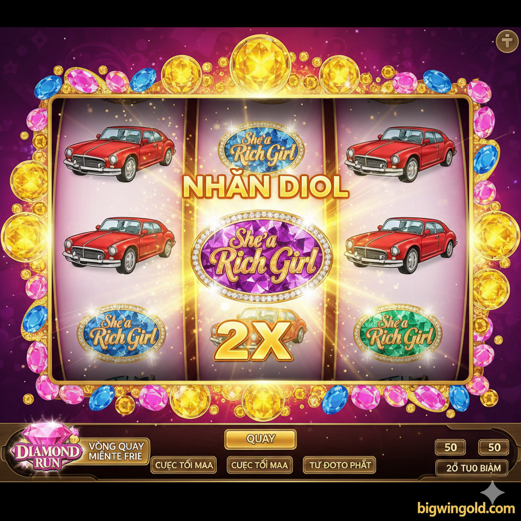 Hình ảnh minh họa tính năng Wild và Free Spins. Trưng bày giao diện cuộn quay (reels) của game, tập trung vào hàng giữa. Hiển thị rõ ràng biểu tượng Wild (Logo game 'She’s a Rich Girl') và biểu tượng Scatter (Kim cương 'Diamond Run'). Wild nên được đặt trong một combo thắng (ví dụ: ba biểu tượng Xe Hơi với Wild thay thế một cái), kèm theo hiệu ứng ánh sáng lấp lánh và dòng chữ '2X Multiplier' hoặc 'Nhân Đôi'. Màu sắc tươi sáng, nhấn mạnh vào sự kích hoạt của tính năng thưởng.