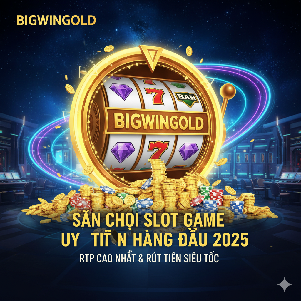 Một bức tranh bìa bắt mắt, chủ đề là “Bigwingold: Lựa chọn hàng đầu thay thế situs slot koko288”. Đối tượng chính là logo Bigwingold hoặc bánh xe slot phát sáng màu vàng kim, trên nền không gian sòng bạc/vũ trụ tương lai màu xanh đậm và tím, tượng trưng cho sự sang trọng và cơ hội không giới hạn. Dưới bánh xe là đống tiền và chip. Tại tiêu điểm thị giác, có một khẩu hiệu rõ ràng bằng tiếng Việt, ví dụ: “Sân Chơi Slot Game Uy Tín Hàng Đầu 2025” hoặc “RTP Cao Nhất & Rút Tiền Siêu Tốc”. Phong cách tổng thể phải tương phản cao, sang trọng và tràn đầy năng lượng, nhằm thu hút người chơi đang tìm kiếm một nền tảng tốt hơn.
