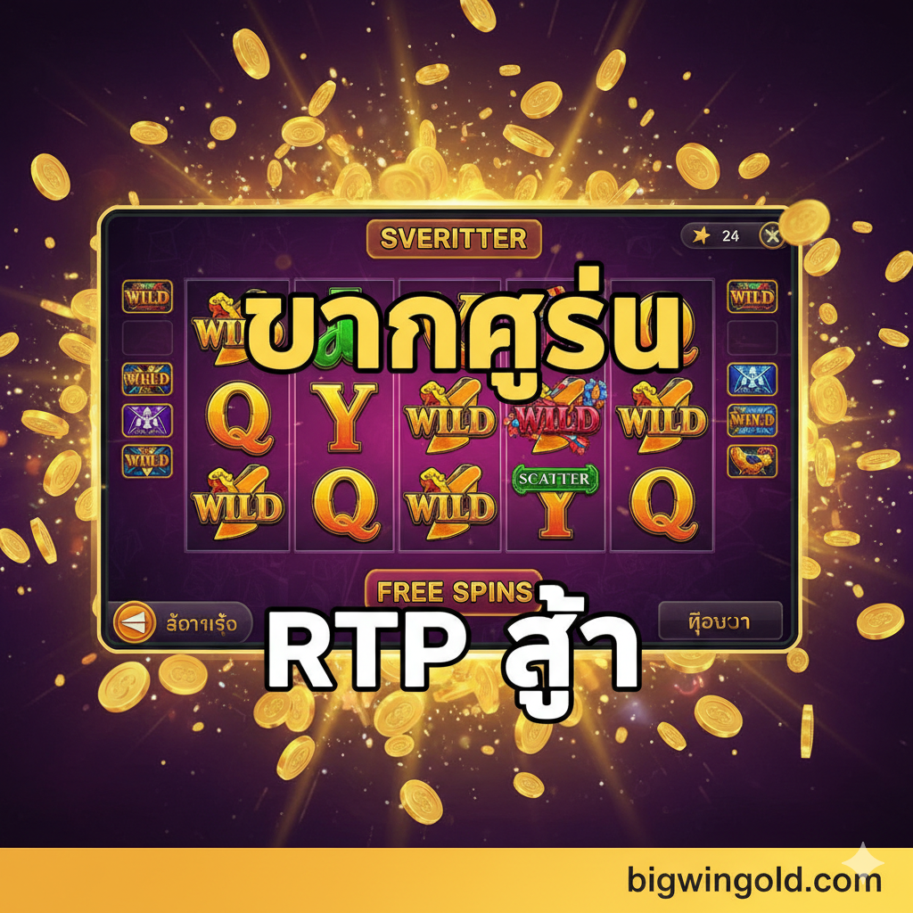 优势特点图，强调'เว็บตรง'、'เครดิตฟรี'和'โปรโมชั่นพิเศษ'。画面核心是代表财富和安全的盾牌或奖杯，中间写有'เว็บตรง bigwingold.com'。盾牌周围环绕着小图标或横幅，分别标示着'ฝาก-ถอน ออโต้ 15 วินาที'（15秒自动存取款）、'โบนัส 100%'（100%奖金）和'คืนยอดเสีย'（返现）。色彩使用蓝色和金色，营造专业和值得信赖的形象。整体构图稳重，突出平台的官方和安全优势。