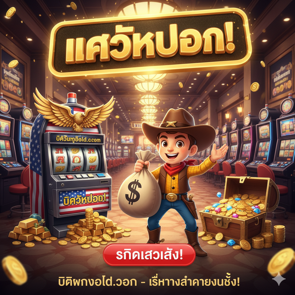 总结图，突出最终的行动召唤。画面为一个巨大的，象征胜利的'JACKPOT'横幅，位于一个充满金条和金币的老虎机大厅中。一个手持美元符号大麻袋的卡通牛仔形象，代表玩家在bigwingold.com上获得了巨额奖金。画面下方是明确的行动按钮（Call to Action），例如一个醒目的'คลิกเข้าเล่น!'（点击进入游戏！）按钮。整体气氛欢快、充满胜利感，再次强调'bigwingold.com'是实现财富的最佳选择。