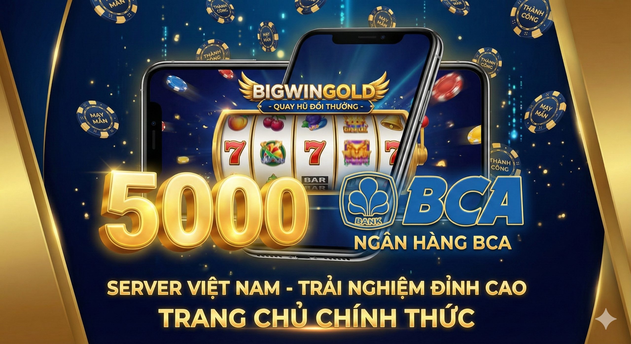 A premium, high-tech digital art composition designed as a website cover. Center stage features a sleek smartphone displaying the BigWinGold mobile interface with a slot game reel spinning. Floating in the foreground is large, 3D glowing golden text '5000' next to a futuristic blue BCA bank logo. The background is a luxurious gradient of deep navy blue and gold, accented with falling casino chips and digital particles. The lighting is cinematic and dramatic, emphasizing the 'Server Vietnam' premium experience.