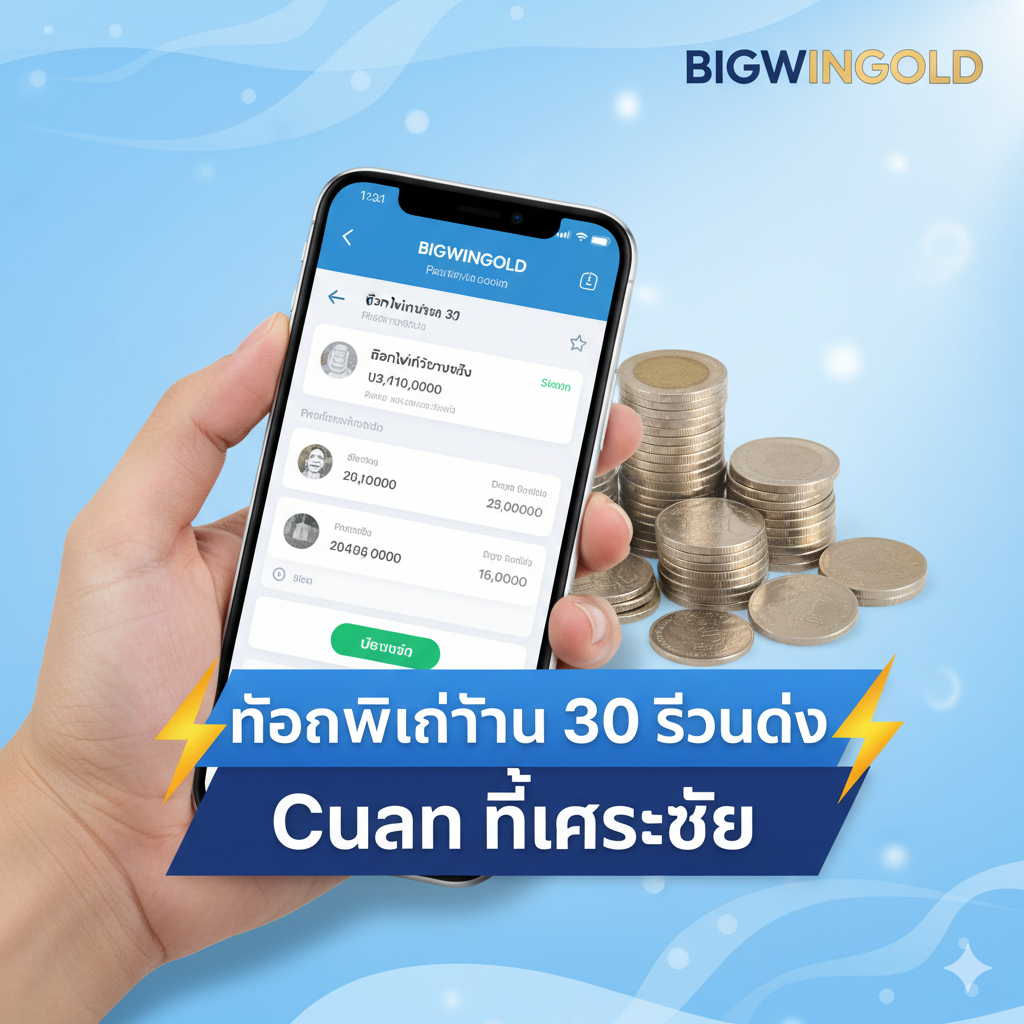 ภาพเน้นข้อได้เปรียบของ BIGWINGOLD ในเรื่อง 'การถอนเงินที่รวดเร็ว' และ 'Cuan ที่แท้จริง' องค์ประกอบหลักคือมือที่กำลังถือโทรศัพท์มือถือแสดงหน้าจอการแจ้งเตือนการฝากเงินเข้าบัญชี (ยอดเงินจำนวนมาก) และมีสัญลักษณ์สายฟ้าฟาด (⚡️) เพื่อเน้นความเร็ว 'ถอนไวภายใน 30 วินาที' ด้านหลังมีกองเหรียญและธนบัตรไทยเล็กน้อย เน้นสีฟ้าและขาวเพื่อสื่อถึงความน่าเชื่อถือและความปลอดภัยของระบบการเงิน (ฝาก-ถอนอัตโนมัติ)