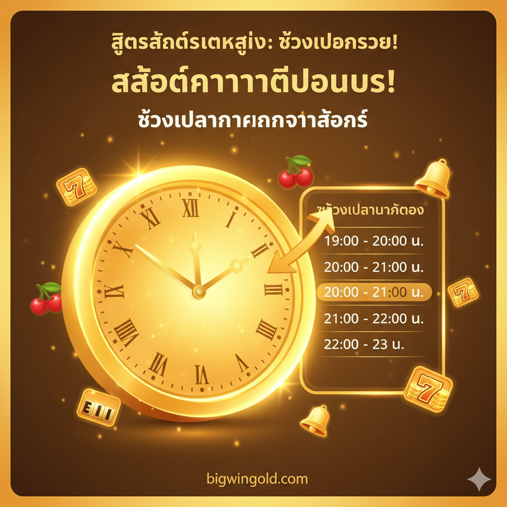 ภาพแนวการสอนหรือกลยุทธ์ 'Golden Time' ในการเล่นสล็อต แสดงภาพนาฬิกาทองคำขนาดใหญ่ที่มีแสงสว่างส่องประกาย พร้อมกับมีตารางเวลา 'นาทีทอง' (เช่น 19:00 - 22:00 น.) ปรากฏอยู่ข้างๆ มีภาพเล็กๆ ของสัญลักษณ์เกมสล็อตที่แตกง่ายล้อมรอบ และมีลูกศรชี้ไปที่เวลาดังกล่าว เน้นโทนสีอบอุ่น เช่น สีเหลืองทองและสีส้ม เพื่อสื่อถึงช่วงเวลาแห่งโชคลาภ ภาพควรให้ความรู้สึกของการวางแผนและจังหวะเวลาที่แม่นยำเพื่อทำกำไร ('Cuan')