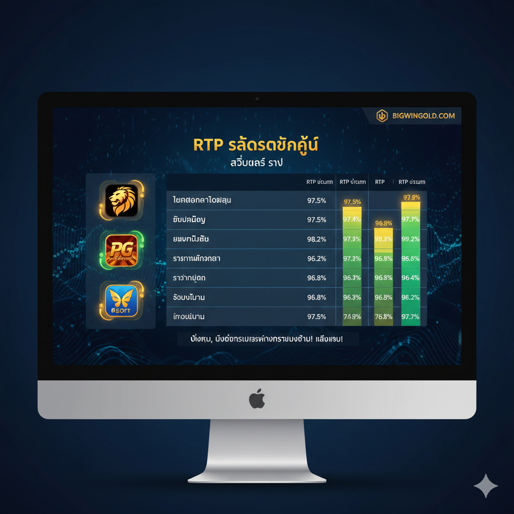 ภาพเน้นคุณสมบัติ 'RTP Slot Gacor อัปเดตสด' ของ BIGWINGOLD.COM แสดงหน้าจออินเทอร์เฟซที่มีตาราง RTP แบบเรียลไทม์ โดยมีกราฟแท่งหรือมาตรวัดเปอร์เซ็นต์ที่กำลังชี้ไปที่ระดับสูง (เช่น 97%+) มีไอคอนของค่ายเกมดัง เช่น Pragmatic Play และ PG Soft ประกอบอยู่ด้านข้าง พื้นหลังเป็นสีน้ำเงินเข้มหรือเขียวเข้มเพื่อเน้นข้อมูลที่เป็นตัวเลข สีของกราฟควรเป็นสีเขียวสดใสหรือสีทอง เพื่อสื่อถึงการเติบโตและโอกาส 'Cuan'
