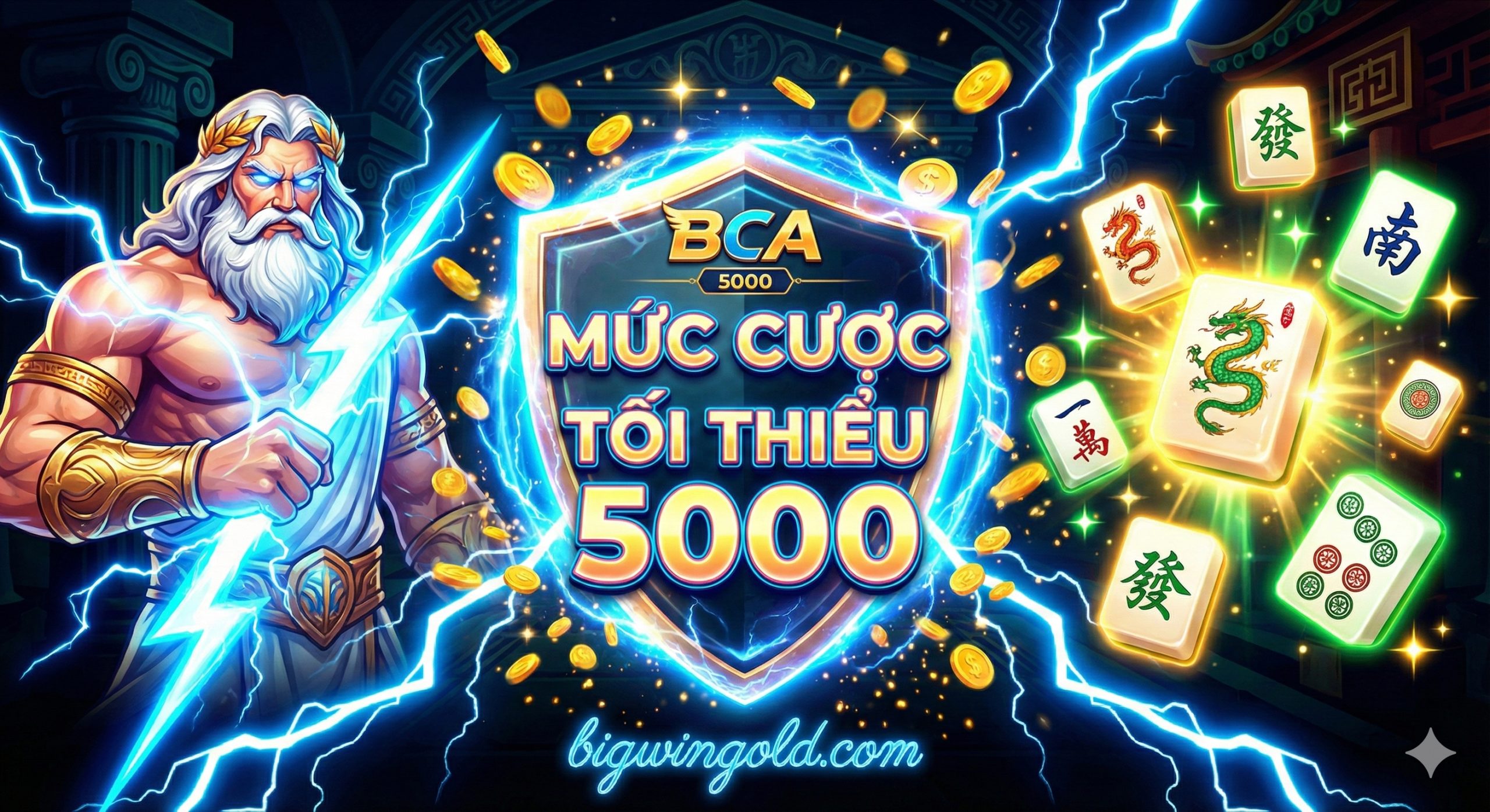 A vibrant and energetic montage illustration showcasing popular slot game elements. The image features a stylized Zeus character from Gates of Olympus holding a lightning bolt on the left, and glowing Mahjong tiles from Mahjong Ways on the right. In the center, a glowing shield displays 'Min Bet 5000'. The composition is dynamic with electric blue lightning effects and golden sparkles, representing the 'Gacor' (easy win) nature of the games available at BigWinGold. High contrast, gaming art style.