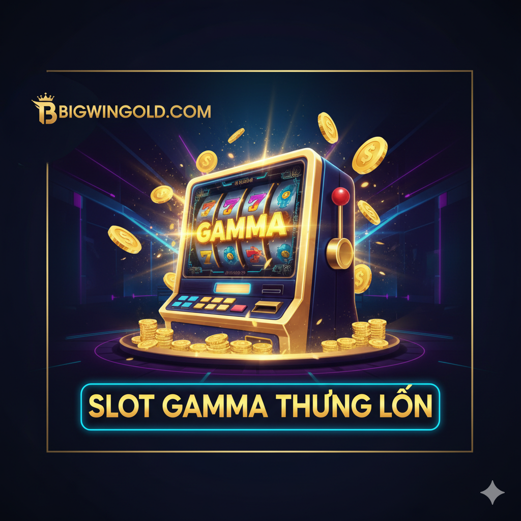 Ảnh bìa phong cách sòng bạc sang trọng và hiện đại. Nền tối chủ đạo (xanh đậm/tím hoàng gia) làm nổi bật các yếu tố vàng và ánh sáng neon rực rỡ. Ở trung tâm là một máy đánh bạc (Slot Machine) cách điệu với màn hình hiển thị biểu tượng "Gamma" lớn đang rực sáng, xung quanh là các đồng tiền vàng (coins) bay ra. Góc trên có logo hoặc tên gọi cách điệu "BIGWINGOLD.COM" và dòng chữ "Slot Gamma Thưởng Lớn" bằng tiếng Việt. Bố cục phải tạo cảm giác kích thích, mời gọi người chơi, thể hiện sự giàu có và cơ hội trúng Jackpot.