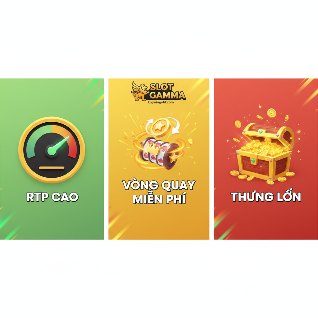 Hình ảnh minh họa các tính năng nổi bật của Slot Gamma. Sử dụng đồ họa vector hoặc 3D đơn giản, rõ ràng. Chia ảnh làm ba khu vực chính: Khu vực 1 có biểu tượng đồng hồ đo (gauge) chỉ mức "RTP Cao" (High RTP), Khu vực 2 có một biểu tượng Vòng quay miễn phí (Free Spins) với hiệu ứng quay nhanh và Khu vực 3 có hộp quà/rương kho báu vàng (Bonus) đang mở. Màu sắc tươi sáng, sử dụng xanh lá cây, vàng và đỏ để thể hiện tiền thưởng và sự may mắn. Tổng thể phải trực quan hóa được cơ chế thắng thưởng của trò chơi.