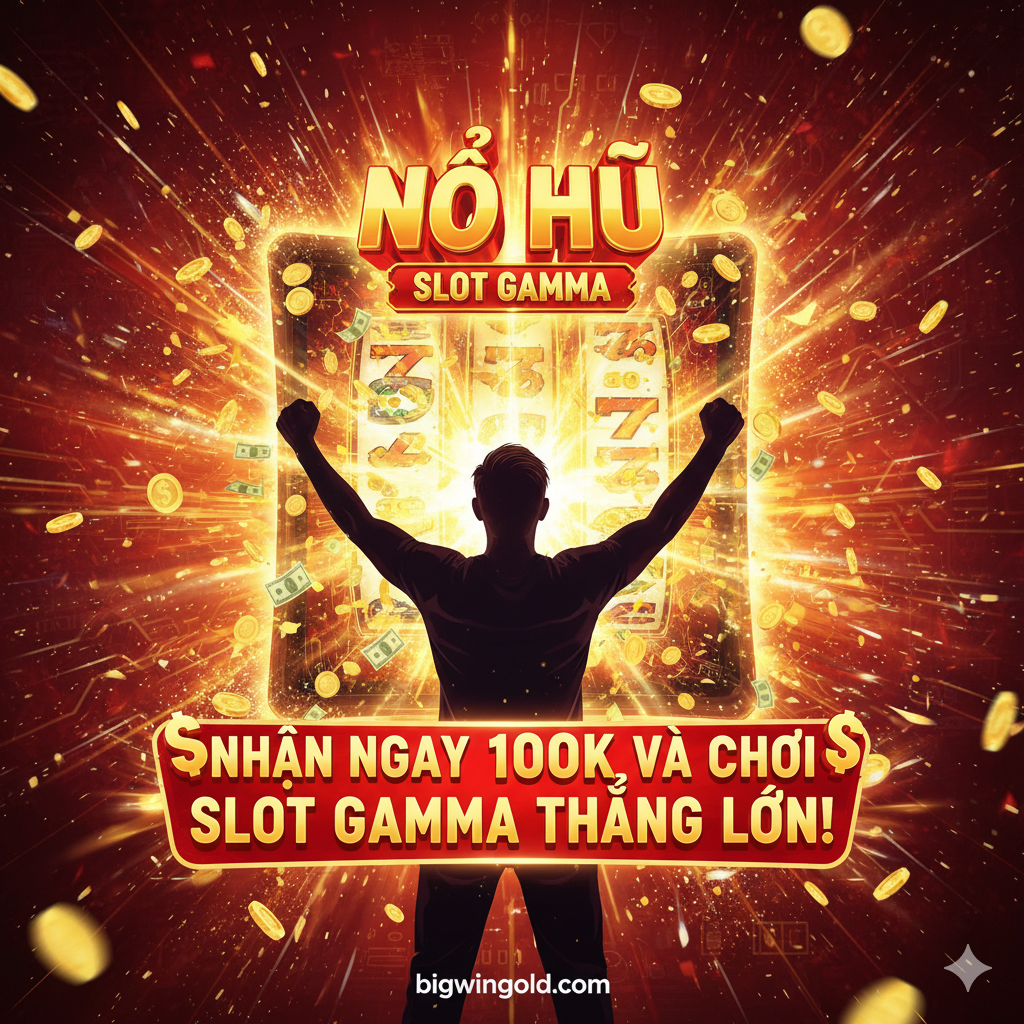 Ảnh kêu gọi hành động (Call-to-Action) mạnh mẽ. Hình ảnh kết hợp cảm giác chiến thắng với lời mời đăng ký. Một người chơi (có thể là hình bóng hoặc nhân vật hoạt hình) đang giơ tay ăn mừng trước màn hình máy slot có chữ "JACKPOT" hoặc "NỔ HŨ" lớn rực rỡ, đi kèm với mưa vàng/tiền bay lượn. Dòng chữ lớn, nổi bật bằng tiếng Việt: "NHẬN NGAY 100K VÀ CHƠI SLOT GAMMA THẮNG LỚN!" đặt ở trung tâm hoặc dưới cùng. Sử dụng màu đỏ và vàng để tạo sự cấp bách và phấn khích. Ảnh phải tạo cảm giác "bùng nổ" và cơ hội không thể bỏ lỡ.