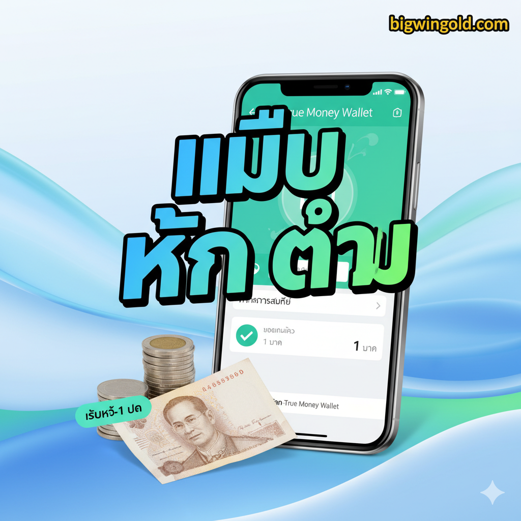 一张吸引人的封面图,主题为 'สล็อต รับ Wallet เว็บตรง' (Slot รับ Wallet Web Direct)。主视觉是一个闪耀着金色光芒的老虎机屏幕,显示着巨大的'JACKPOT'字样。旁边有一个浮动的 True Money Wallet 标志(橙色和红色),并有一束电子货币符号(如泰铢符号或硬币图标)从手机应用中涌出流向老虎机。背景是深紫色或深蓝色,带有科技感的光线和线条,强调'bigwingold.com'的网站名และ'ออโต้ 1 วินาที'(Auto 1 Second)的速度感。整体风格应是高端、快速、且充满财富气息。