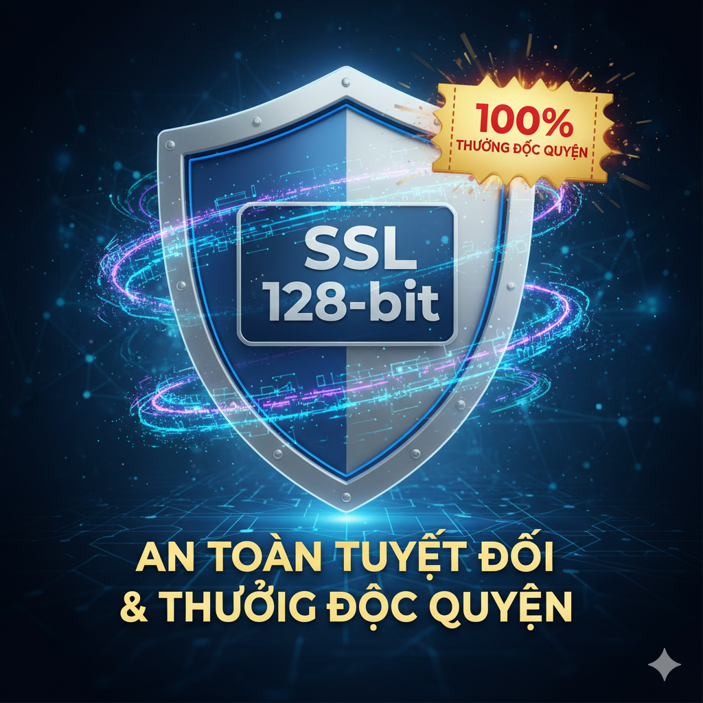 Một chiếc khiên lớn với dòng chữ 'SSL 128-bit' tượng trưng cho sự bảo mật tuyệt đối. Bên cạnh đó là một biểu tượng '100% Bonus' vàng rực, thể hiện sự an toàn và các ưu đãi độc quyền khi truy cập qua bigwingold.com.