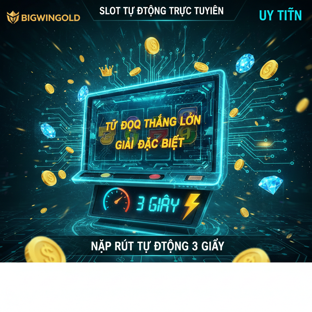 Một bức ảnh cover nổi bật, làm nổi bật “Slot Auto Online” và “BIGWINGOLD”. Hình ảnh nên có tông màu xanh và vàng, gợi lên sự cao cấp và đáng tin cậy. Chủ thể là màn hình máy đánh bạc lớn với chữ “AUTO WIN” hoặc “JACKPOT” nhấp nháy. Gần đó, con số nổi bật “3S” hoặc “3 Giây” với biểu tượng sét/đồng hồ, nhấn mạnh “Nạp Rút Tự Động 3 Giây”.