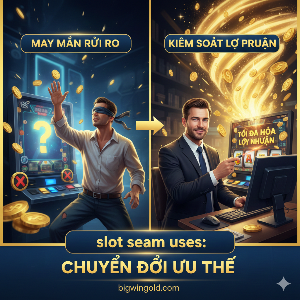 优势图,用于强调'slot seam uses'带来的好处:从运气转向控制。主体是一名自信、西装革履的玩家,坐在电脑前,面前的老虎机屏幕正在爆出金币。背景是大量的金币 và 闪烁的奖金,强调'Tối đa hóa Lợi Nhuận'。玩家的眼神专注且胸 có thành tựu, 象征着智慧战胜随机性。图片可以加入一个对比图:左侧是一个蒙着眼睛、靠运气的玩家,右侧是这位自信的'cao thủ',对比鲜 minh, 突出掌握策略的巨大优势。