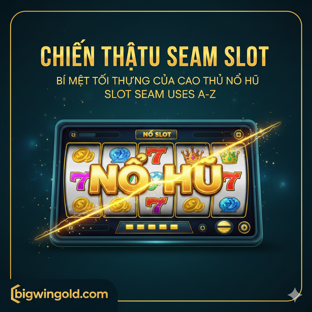 Một bức ảnh引人注目的封面图,主题是'Chiến thuật Seam Slot: Bí mật tối thượng của cao thủ Nổ Hũ' (Slot Seam Uses A-Z)。主色调采用高端的深蓝色和金色,营造出神秘 và财富感。主体是一个抽象化的老虎机界面,屏幕上显示着代表巨额奖金的'Nổ Hũ' hoặc'Jackpot'字样,并有一条闪烁的金色虚线(Seam)穿过卷轴,象征着发现的漏洞或规律。左下角放置 bigwingold.com 的金色Logo,强调独家性。构图强烈,文字醒目,充满越南语的本土化风格。