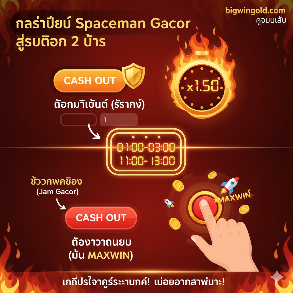 ภาพประกอบสำหรับส่วนกลยุทธ์และสูตรการเล่น Spaceman Gacor แสดงถึง 'Double Cash Out' หรือ 'Auto Cash Out' ภาพควรแบ่งออกเป็นสองส่วนเพื่อแสดงการเดิมพันสองครั้ง อาจใช้ไอคอนแสดงปุ่ม Cash Out สองอัน โดยอันแรกตั้งค่าที่ 'x1.50' (ปลอดภัย) และอันที่สองเป็นมือที่กำลังจะกด Cash Out ด้วยตัวเอง (ลุ้น Maxwin) ใช้โทนสีส้มและแดงที่สื่อถึงกลยุทธ์ที่ร้อนแรงและช่วง 'Jam Gacor' (เวลาทอง) พร้อมนาฬิกาที่แสดงเวลา 01:00-03:00 น. และ 11:00-13:00 น. เพื่อให้ดูเป็นข้อมูลเชิงลึกที่น่าเชื่อถือ