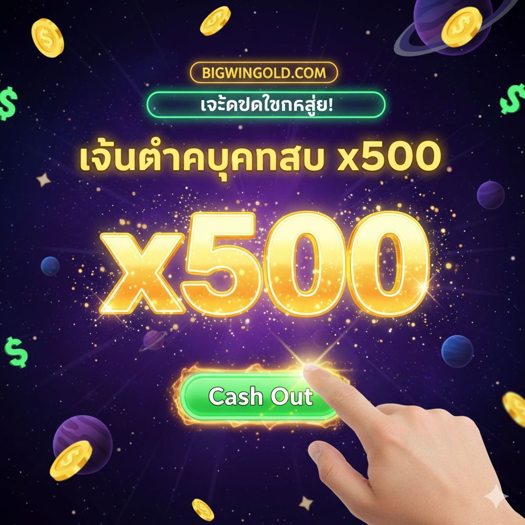 ภาพแสดงฟีเจอร์เด่นของเกม Spaceman เน้นที่ตัวคูณสูงสุด (Maxwin) x5000 ภาพควรมีองค์ประกอบเป็นหน้าจอเกม Spaceman ที่หยุดอยู่ที่ตัวเลข 'x5000' ขนาดใหญ่และเป็นประกาย อาจมีมือของผู้เล่นกำลังกดปุ่ม 'Cash Out' สีเขียวที่ส่องสว่าง โทนสีเน้นความร่ำรวยด้วยสีทองและสีเขียวของเงินรางวัล มีการใช้เอฟเฟกต์แสงไฟ (Neon) เพื่อเน้นความน่าตื่นเต้นของรางวัลใหญ่ ภาพสื่อถึงโอกาสการ 'แตกง่าย' และความตื่นเต้นในการลุ้นตัวคูณสูง