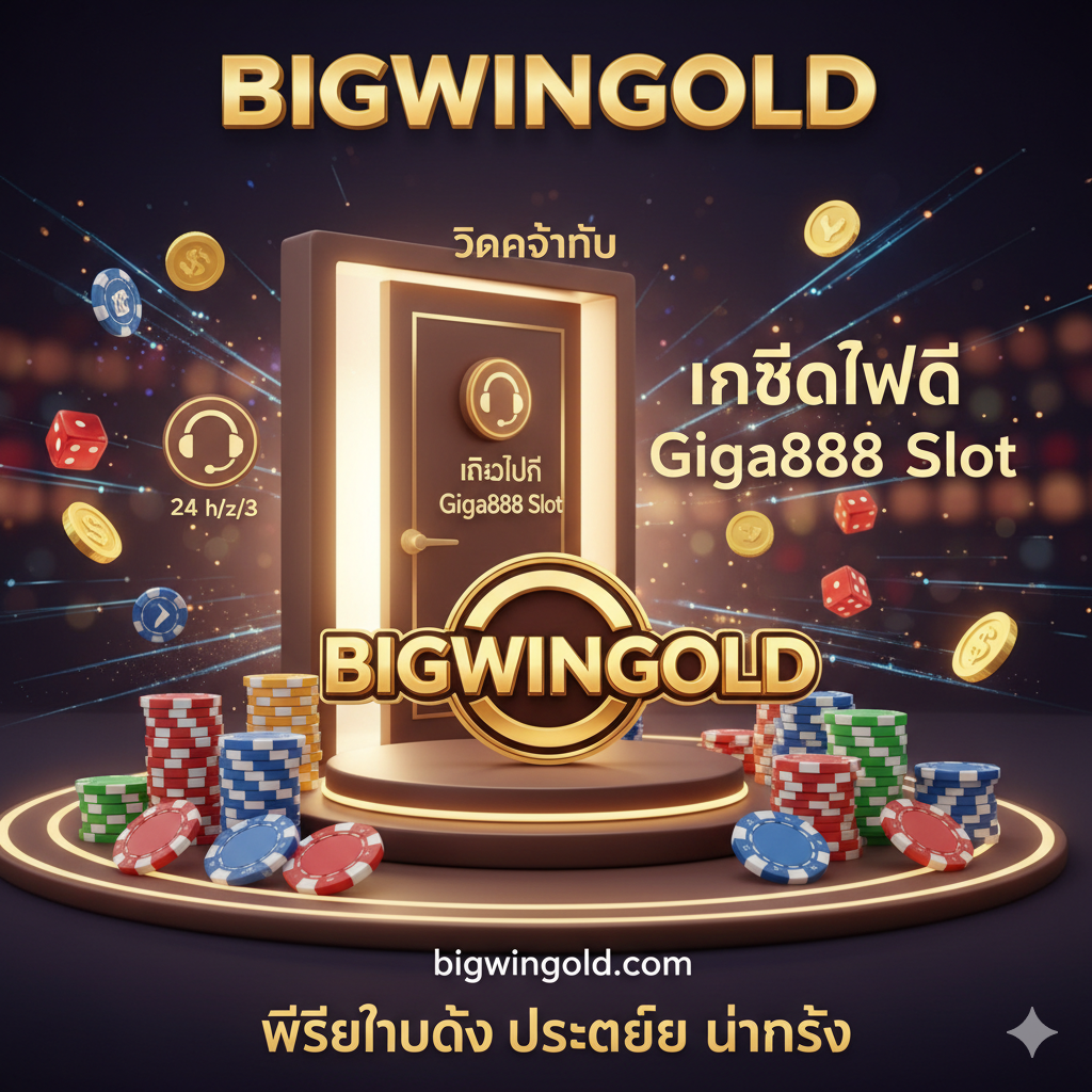 A trustworthy and inviting summary image. It features the BigwinGold logo rendered in 3D gold on a podium, surrounded by stacks of casino chips and a 24/7 customer support headset icon. The lighting is warm and welcoming, creating a sense of security. A 'Click Here' visual element or an open door motive is used to encourage the final call to action for the user to apply for the Giga888 free credit.