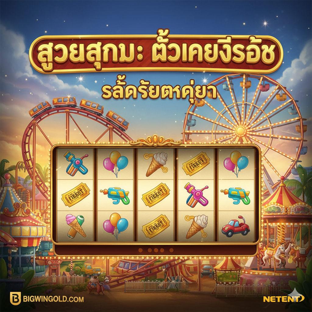 ภาพหน้าปกสล็อต Theme Park: Tickets of Fortune สไตล์โปสเตอร์วินเทจสีสันสดใส เน้นธีมสวนสนุกคลาสสิก ฉากหลังเป็นวงล้อสล็อตที่มีสัญลักษณ์เด่นๆ เช่น รถไฟเหาะ (Roller Coaster), ชิงช้าสวรรค์ และตั๋วทองคำ (Tickets of Fortune) มีโลโก้ NetEnt เล็กๆ และตัวอักษรใหญ่โดดเด่นว่า 'Theme Park: Tickets of Fortune' พร้อมกับข้อความจูงใจสั้นๆ เป็นภาษาไทยว่า 'สล็อตแตกง่าย' และโลโก้ Bigwingold.com อยู่มุมล่างขวาเพื่อโปรโมทไซต์ ภาพรวมให้ความรู้สึกตื่นเต้น เร้าใจ และเชื้อเชิญให้กดเล่น